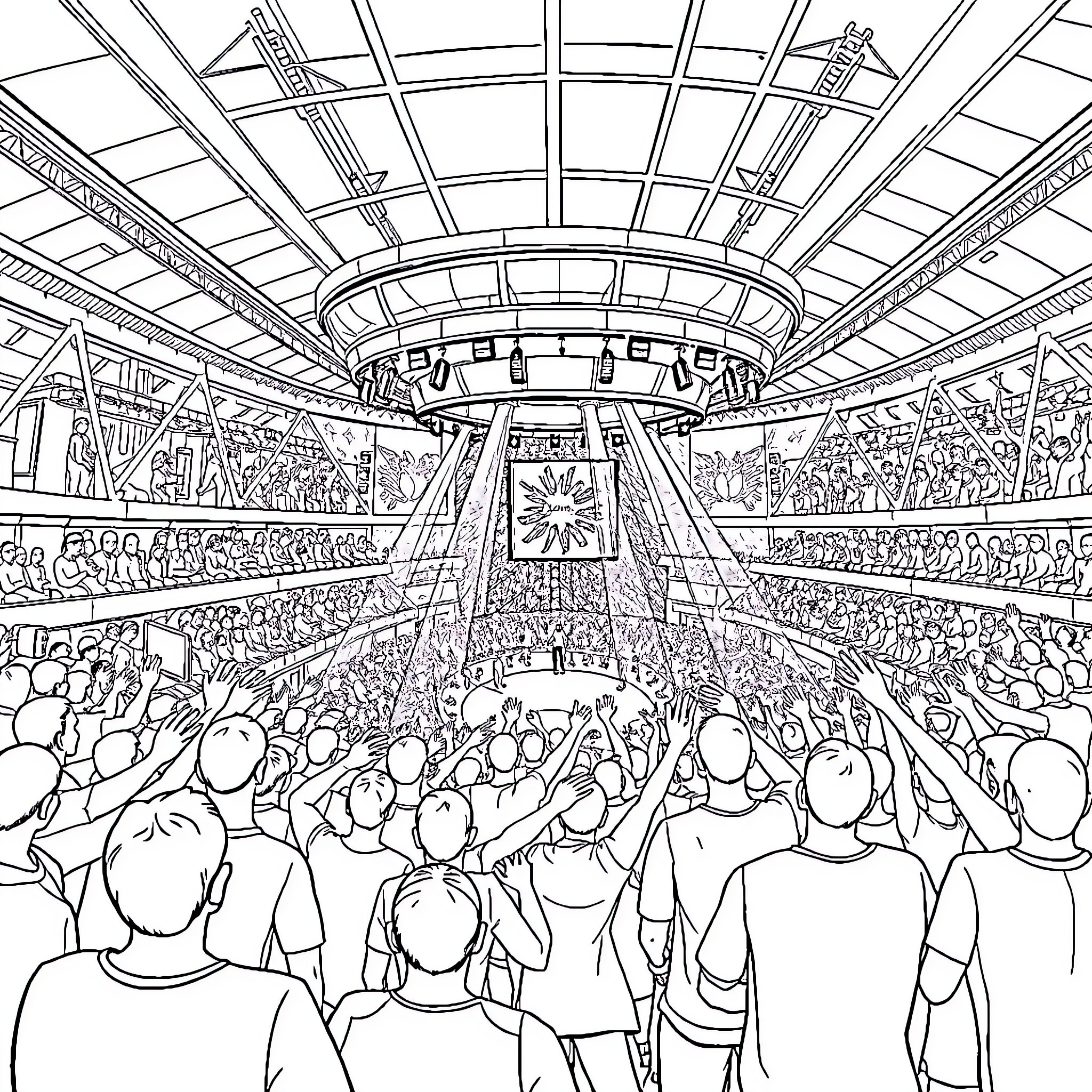 Minter's Celebration of Diverse Community in a Lively Auditorium Coloring Page (free black-and-white line drawing printable PDF for all, from beginners to advanced learners, including children, teens, adults, and seniors)