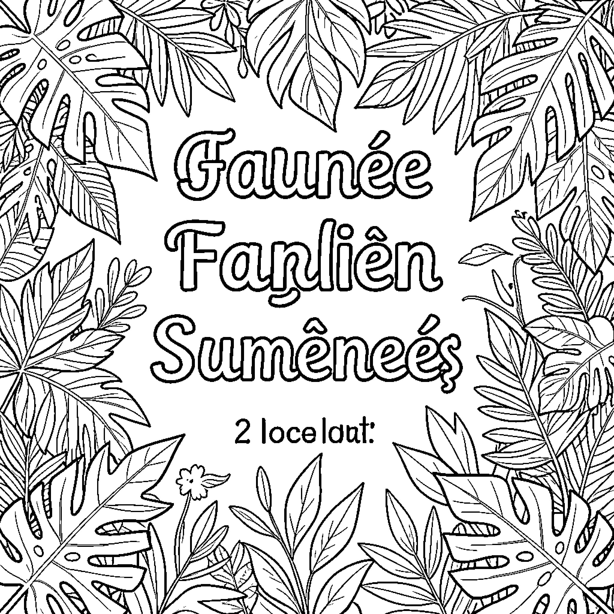Français texte entouré de feuilles tropicales luxuriantes Coloring Page (free black-and-white line drawing printable PDF for all, from beginners to advanced learners, including children, teens, adults, and seniors)