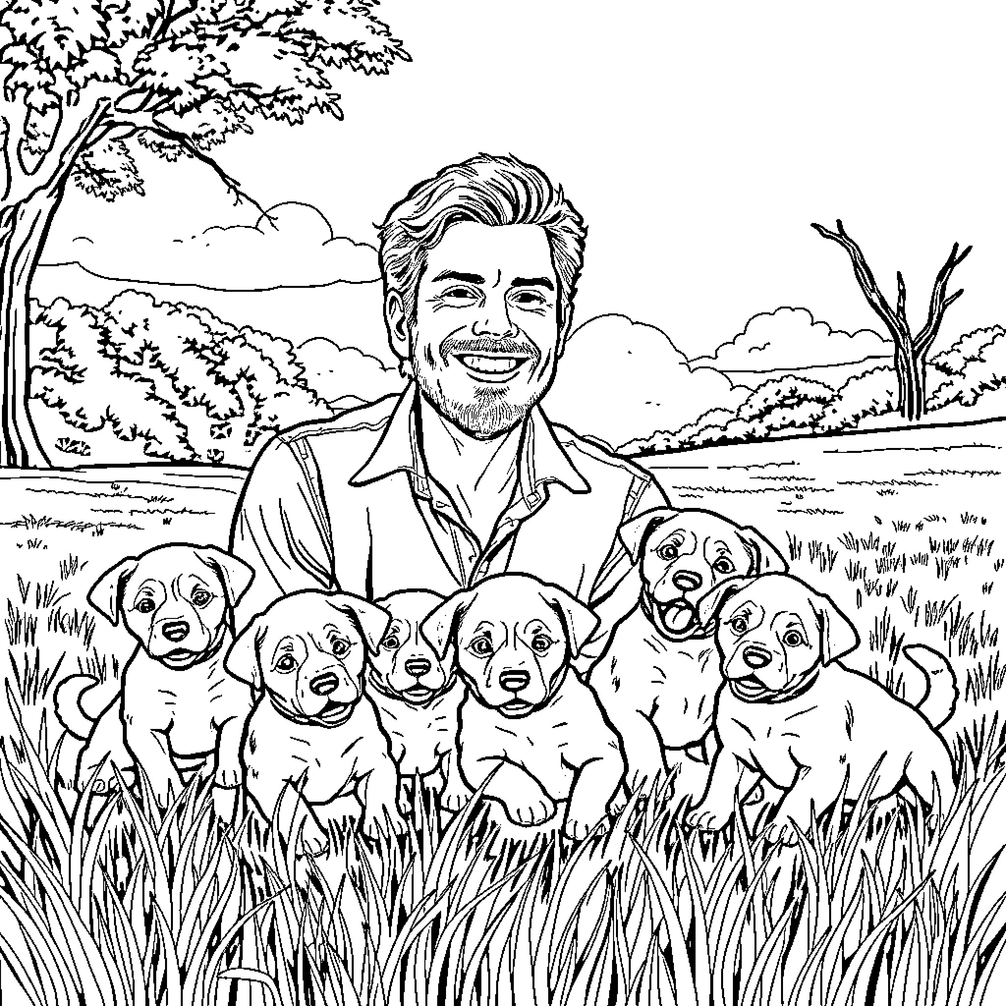 Dean Winchester surrounded by happy puppies in nature Coloring Page (free black-and-white line drawing printable PDF for all, from beginners to advanced learners, including children, teens, adults, and seniors)