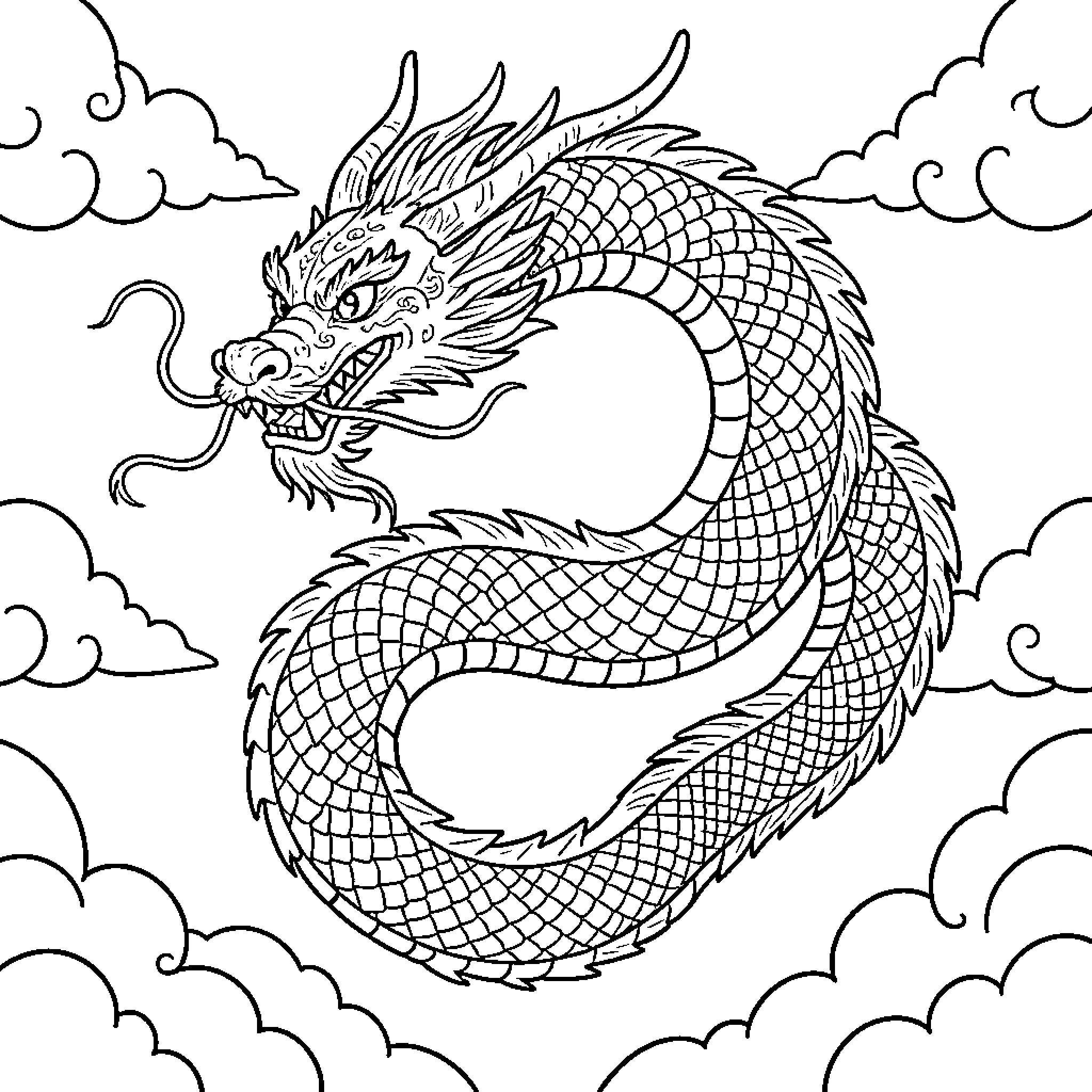 Dragon soaring majestically through swirling clouds Coloring Page (free black-and-white line drawing printable PDF for all, from beginners to advanced learners, including children, teens, adults, and seniors)