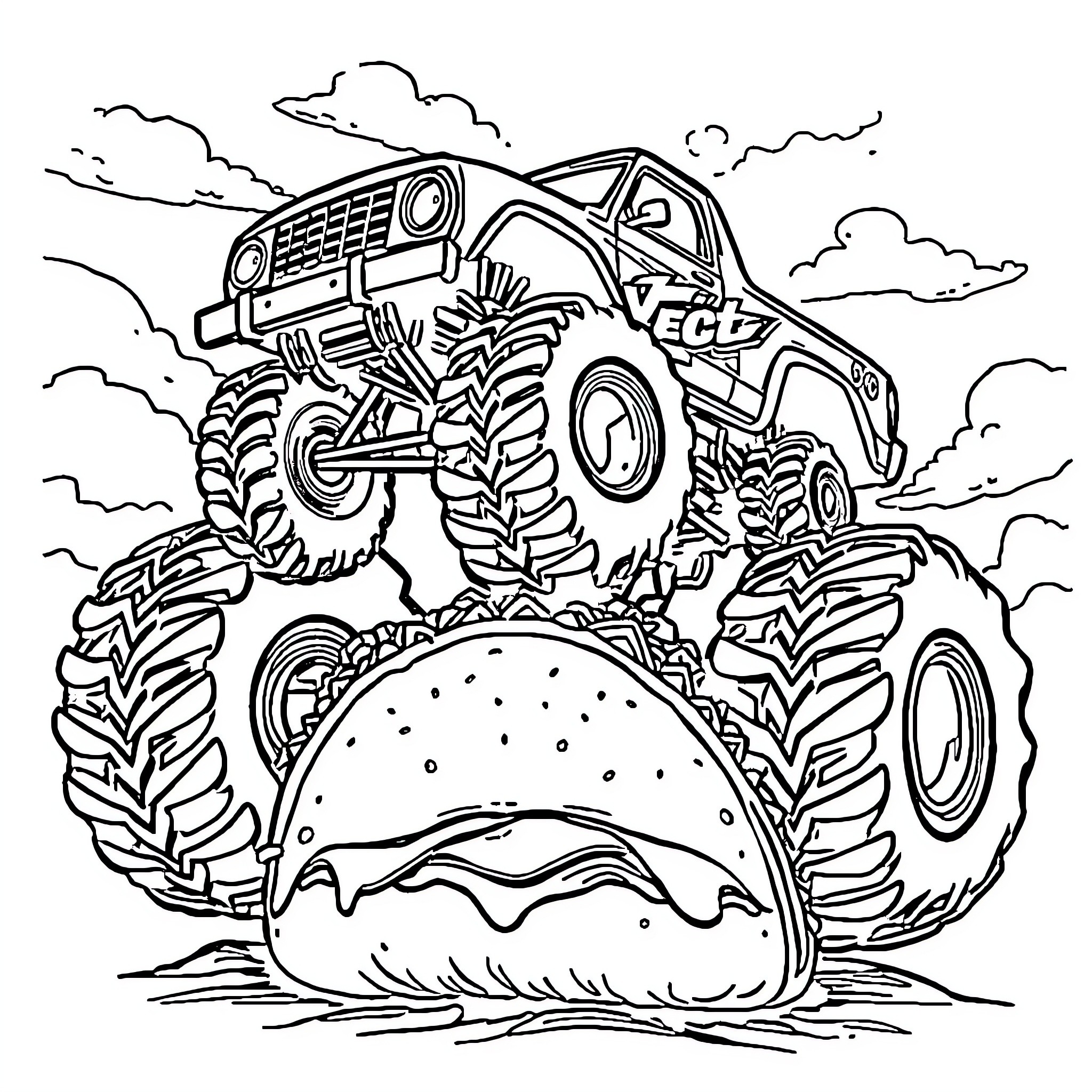 Monster Truck jumping over a giant hamburger Coloring Page (free black-and-white line drawing printable PDF for all, from beginners to advanced learners, including children, teens, adults, and seniors)