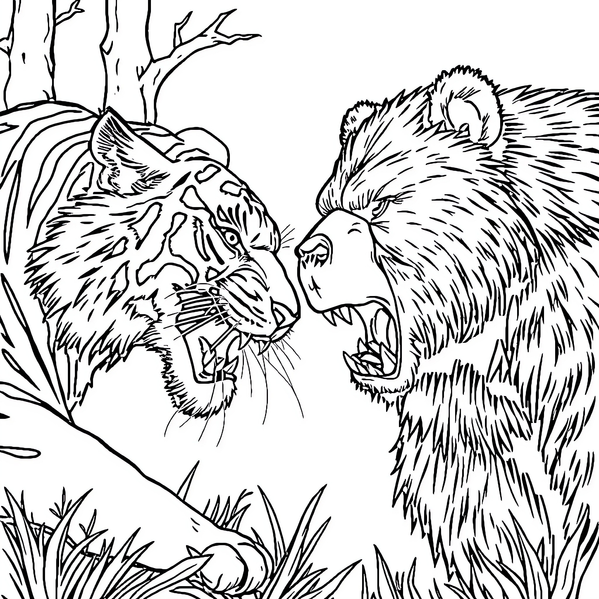 Tiger Growling at Fierce Bear in Jungle Wilderness Coloring Page (free black-and-white line drawing printable PDF for all, from beginners to advanced learners, including children, teens, adults, and seniors)