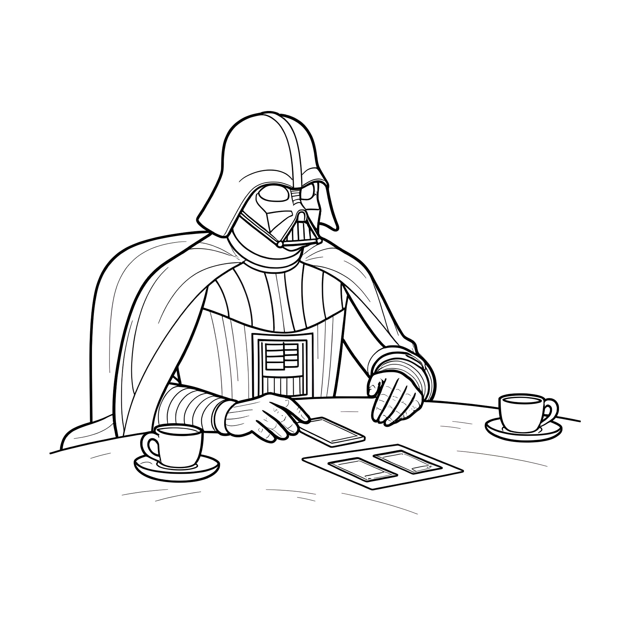 Darth Vader enjoying a cup of coffee and reading Coloring Page (free black-and-white line drawing printable PDF for all, from beginners to advanced learners, including children, teens, adults, and seniors)