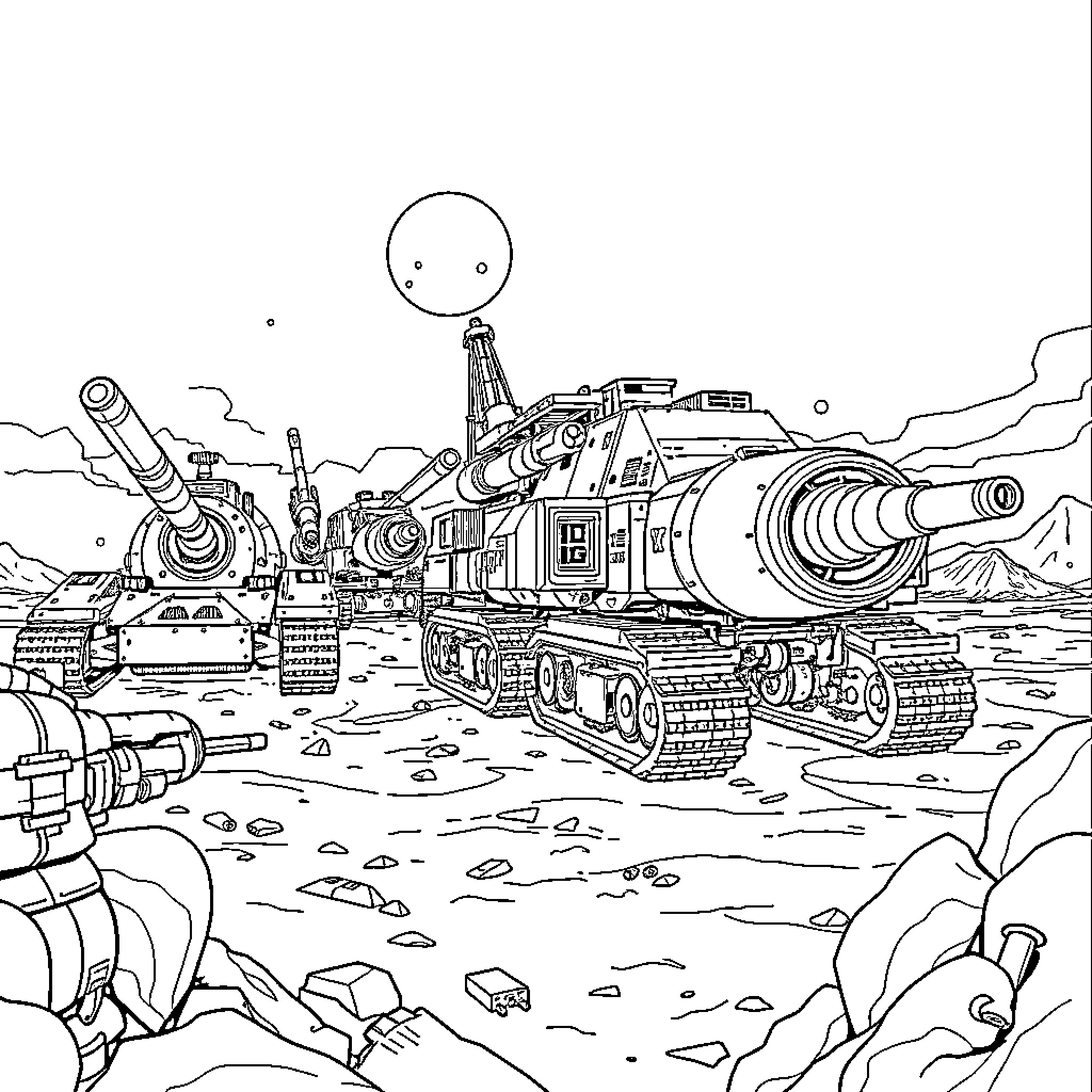 Cold War Machine - Armored Tanks Amidst Desolate Landscape Coloring Page (free black-and-white line drawing printable PDF for all, from beginners to advanced learners, including children, teens, adults, and seniors)
