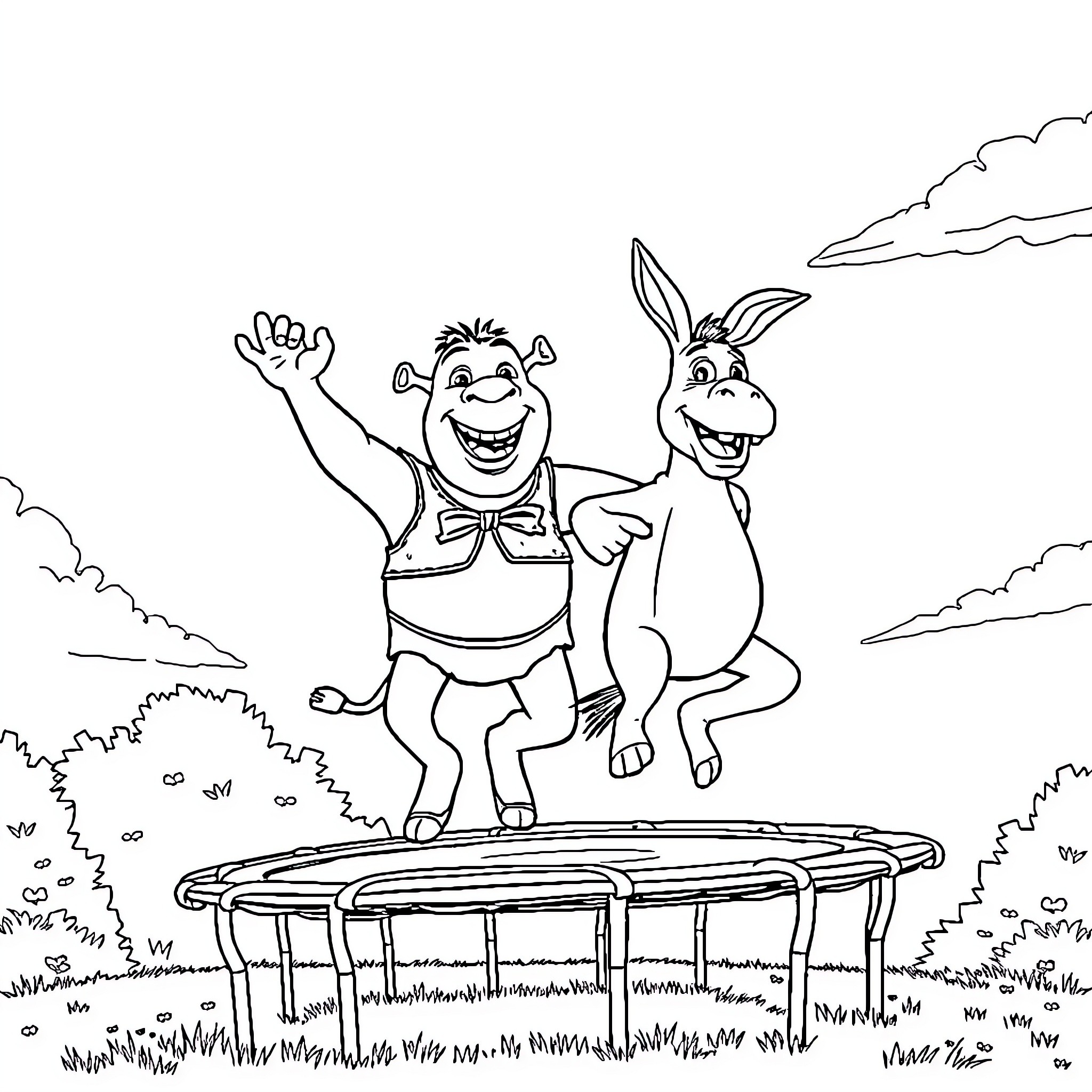 Shrek and Donkey enjoying themselves on a trampoline Coloring Page (free black-and-white line drawing printable PDF for all, from beginners to advanced learners, including children, teens, adults, and seniors)