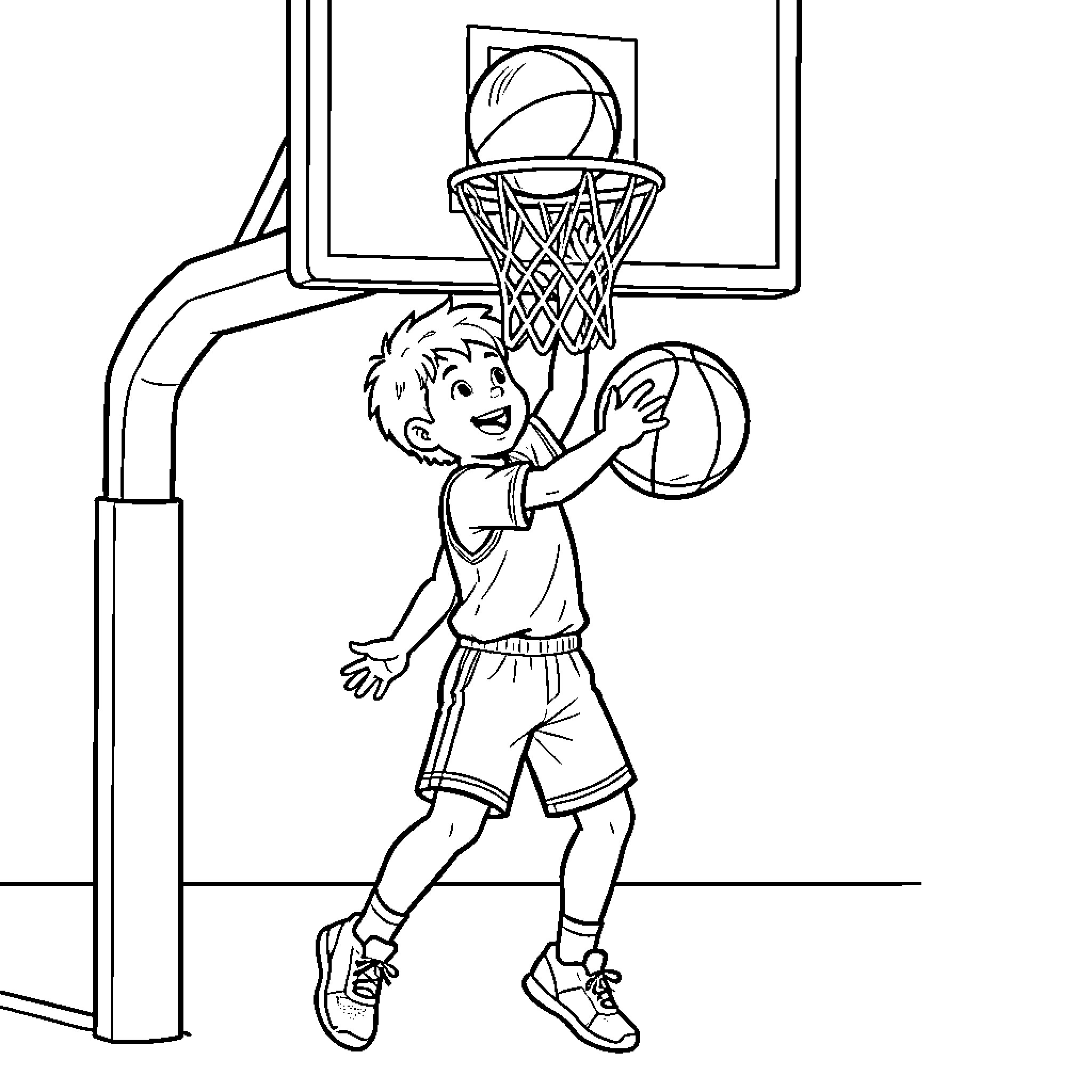 Child playing basketball in the court Coloring Page (free black-and-white line drawing printable PDF for all, from beginners to advanced learners, including children, teens, adults, and seniors)