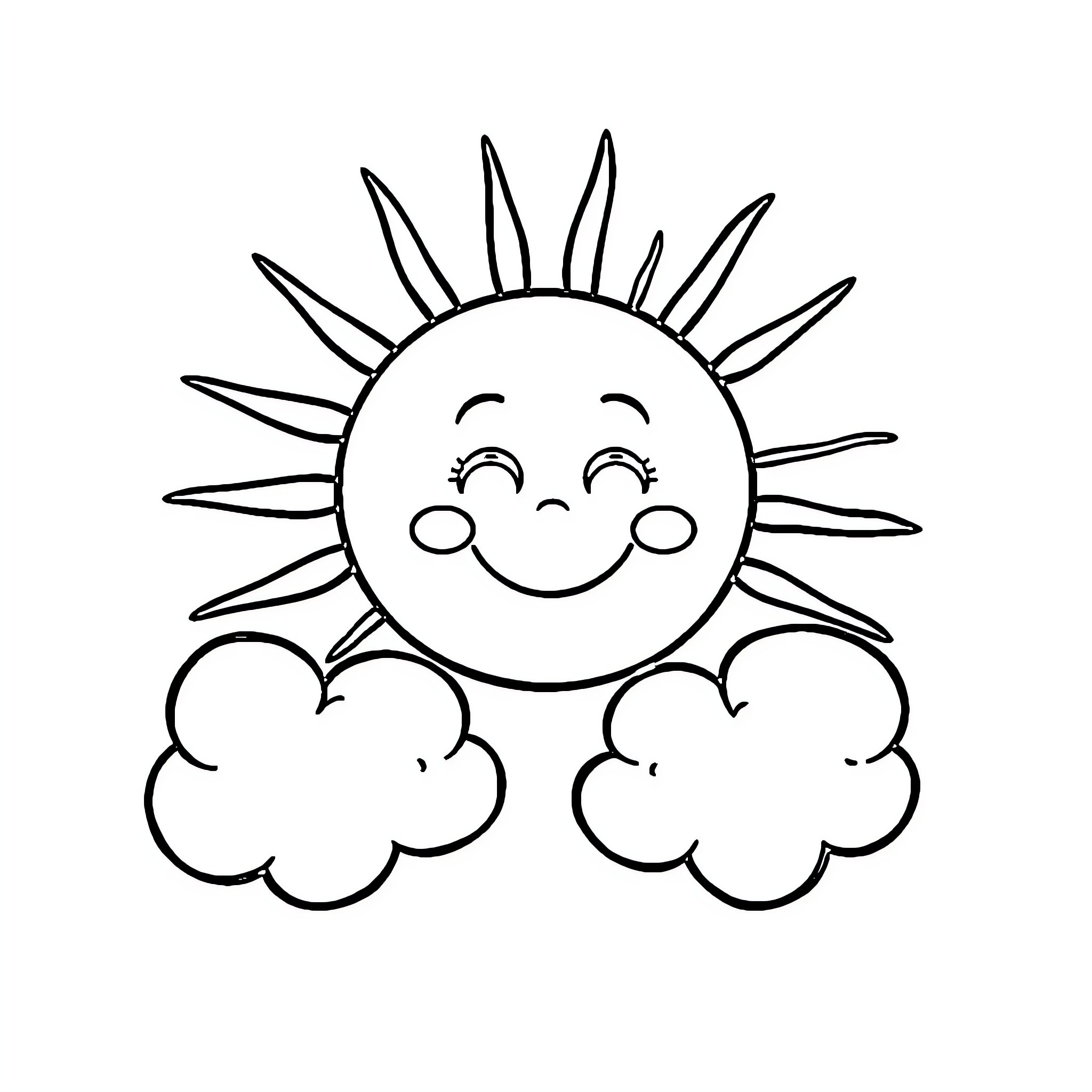 Drawing of a smiling sun and clouds Coloring Page (free black-and-white line drawing printable PDF for all, from beginners to advanced learners, including children, teens, adults, and seniors)