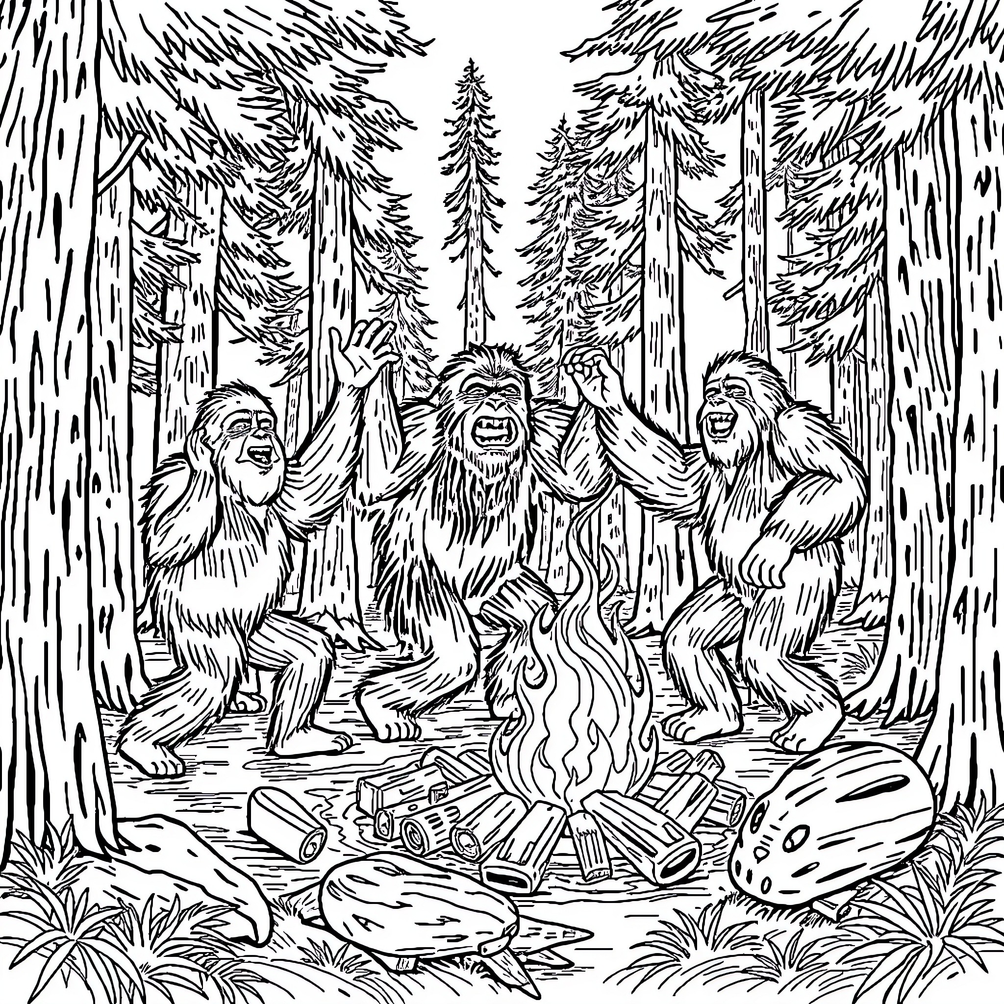 Bigfoot Gathering Around the Campfire in the Forest Coloring Page (free black-and-white line drawing printable PDF for all, from beginners to advanced learners, including children, teens, adults, and seniors)