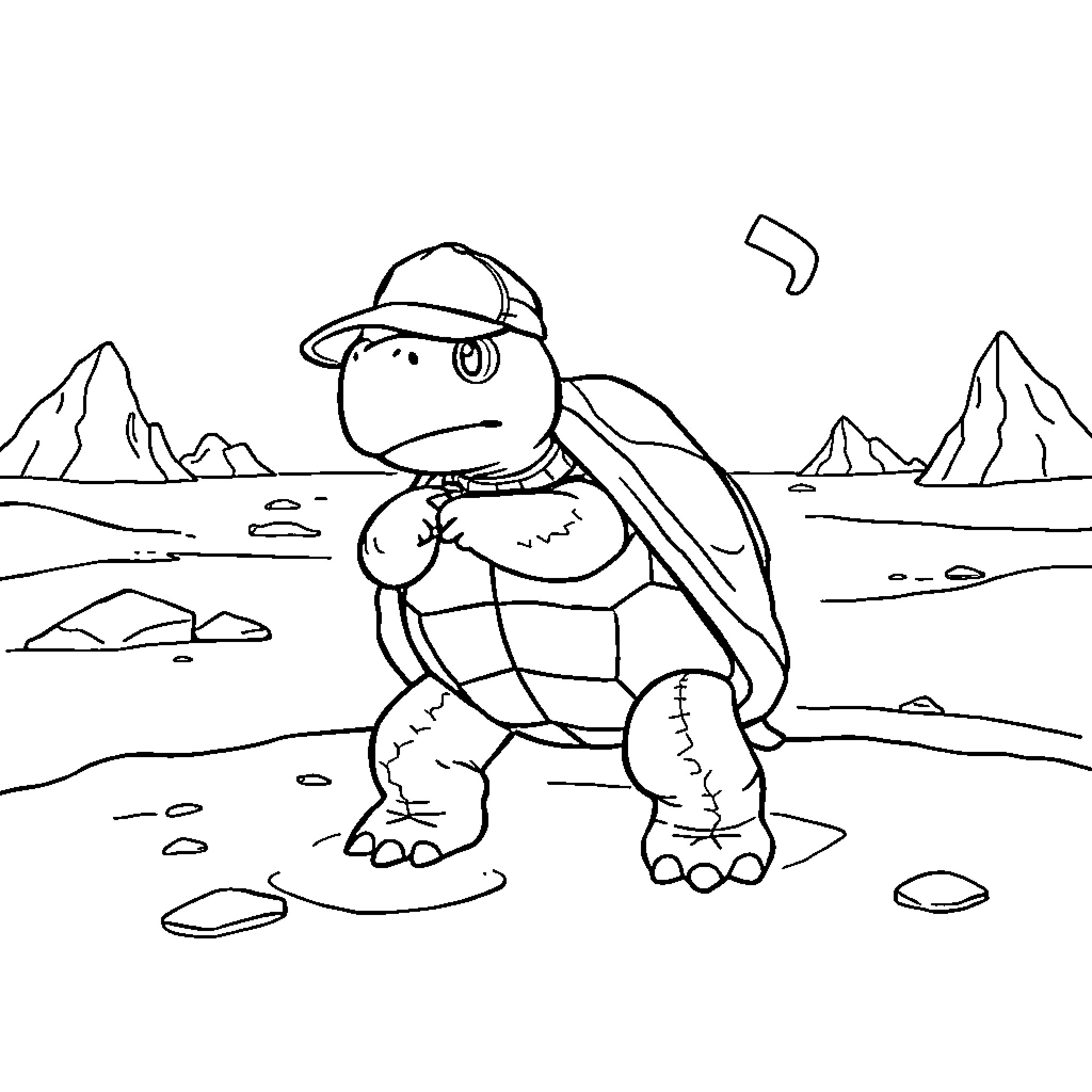 Tortoise Hiking Across Mountainous Terrain Coloring Page (free black-and-white line drawing printable PDF for all, from beginners to advanced learners, including children, teens, adults, and seniors)