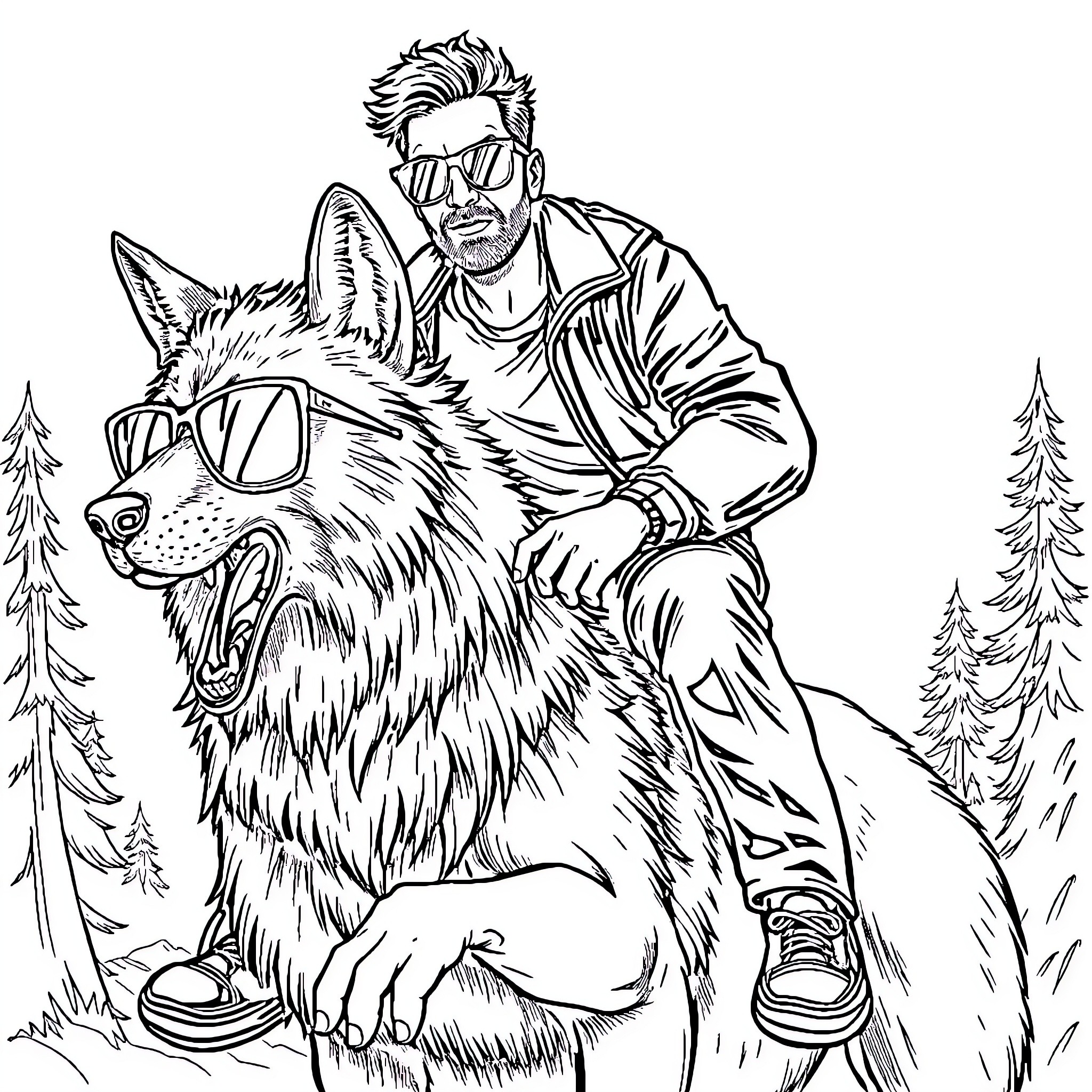 Man and his furry companion in the forest Coloring Page (free black-and-white line drawing printable PDF for all, from beginners to advanced learners, including children, teens, adults, and seniors)