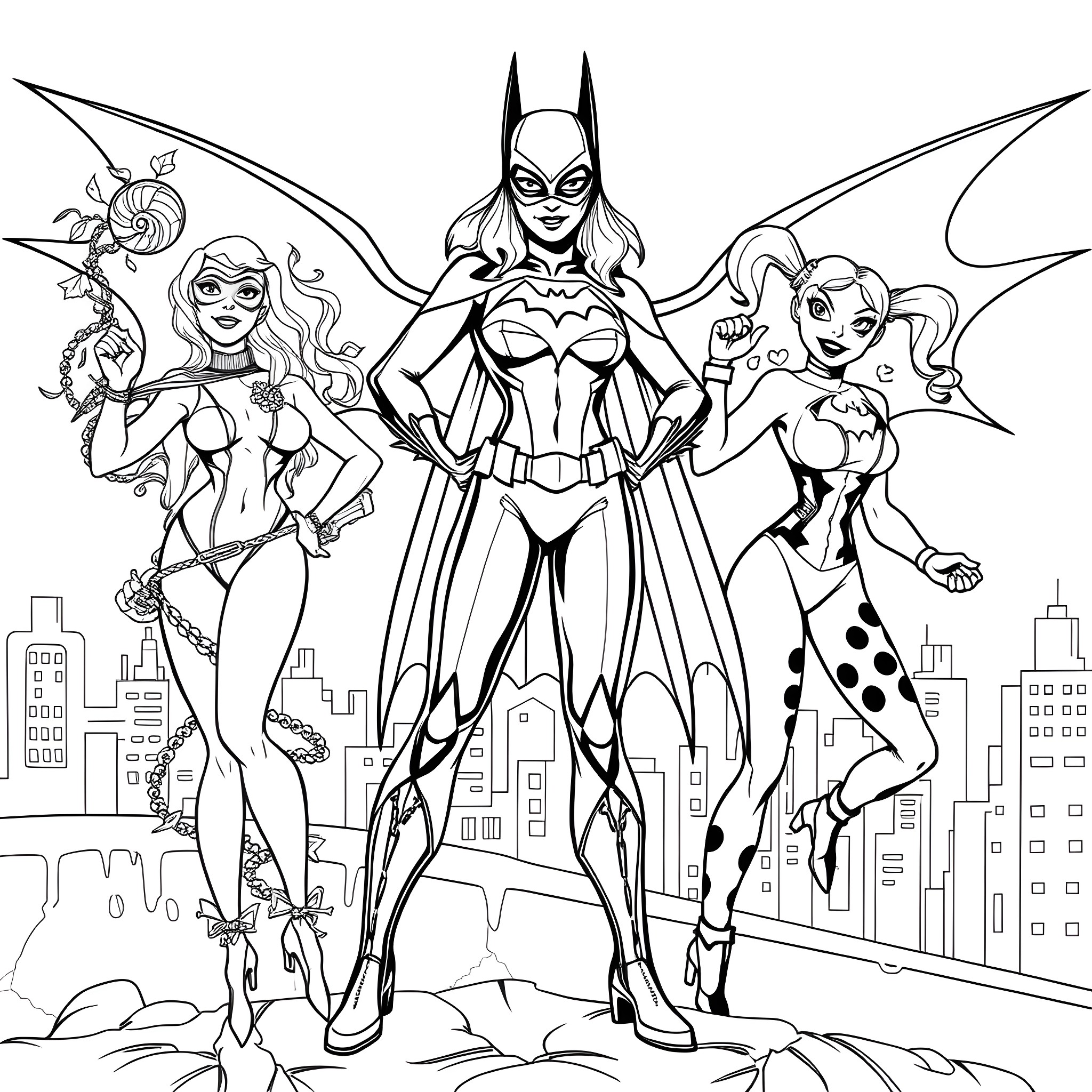 Batgirl and her superhero friends in action Coloring Page (free black-and-white line drawing printable PDF for all, from beginners to advanced learners, including children, teens, adults, and seniors)