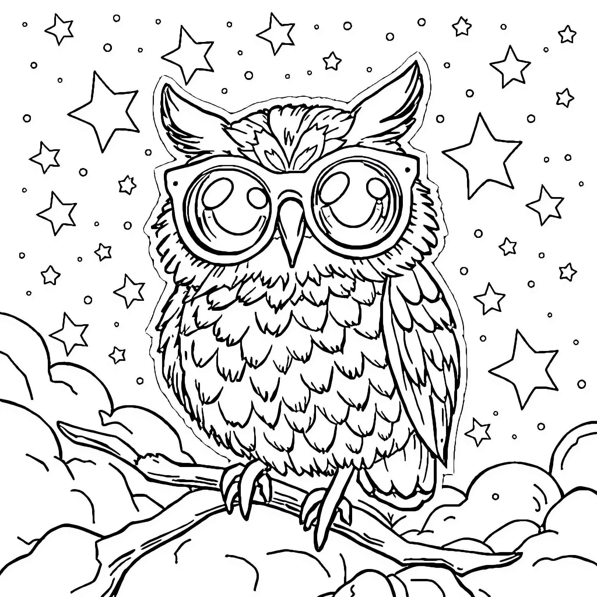 Owl with Glasses and Stars in the Night Sky Coloring Page (free black-and-white line drawing printable PDF for all, from beginners to advanced learners, including children, teens, adults, and seniors)