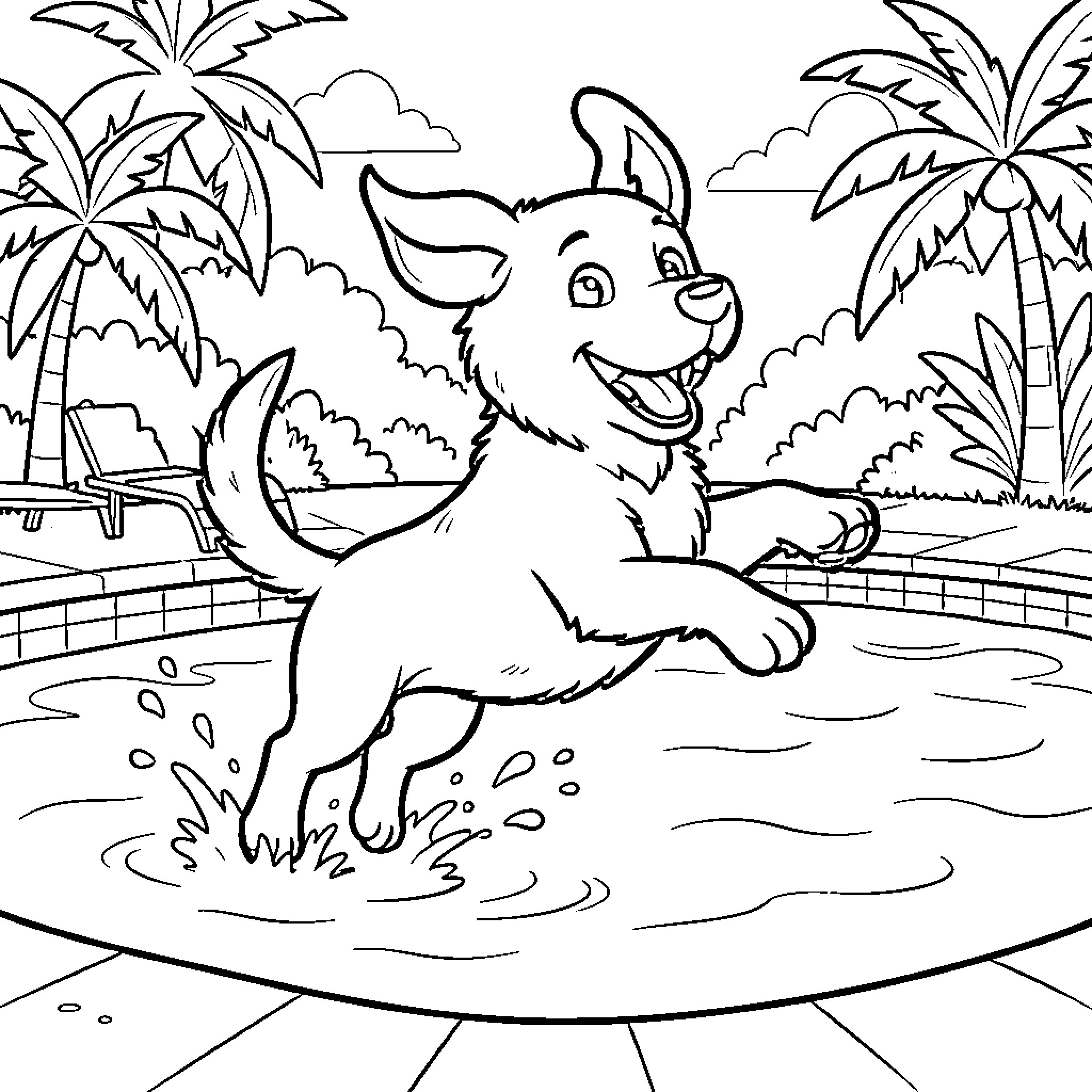 Dog jumping joyfully into a swimming pool Coloring Page (free black-and-white line drawing printable PDF for all, from beginners to advanced learners, including children, teens, adults, and seniors)
