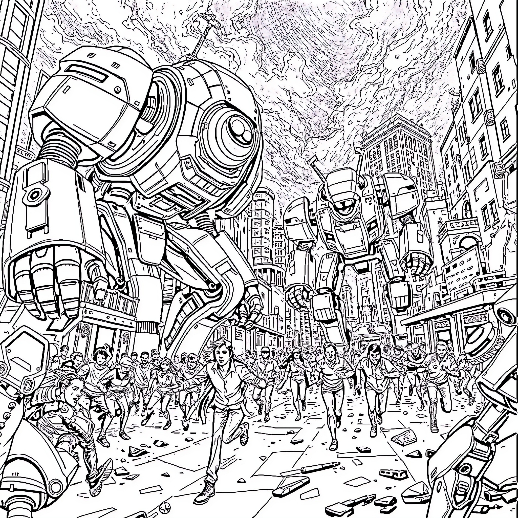 Person amidst a futuristic city with towering robots Coloring Page (free black-and-white line drawing printable PDF for all, from beginners to advanced learners, including children, teens, adults, and seniors)