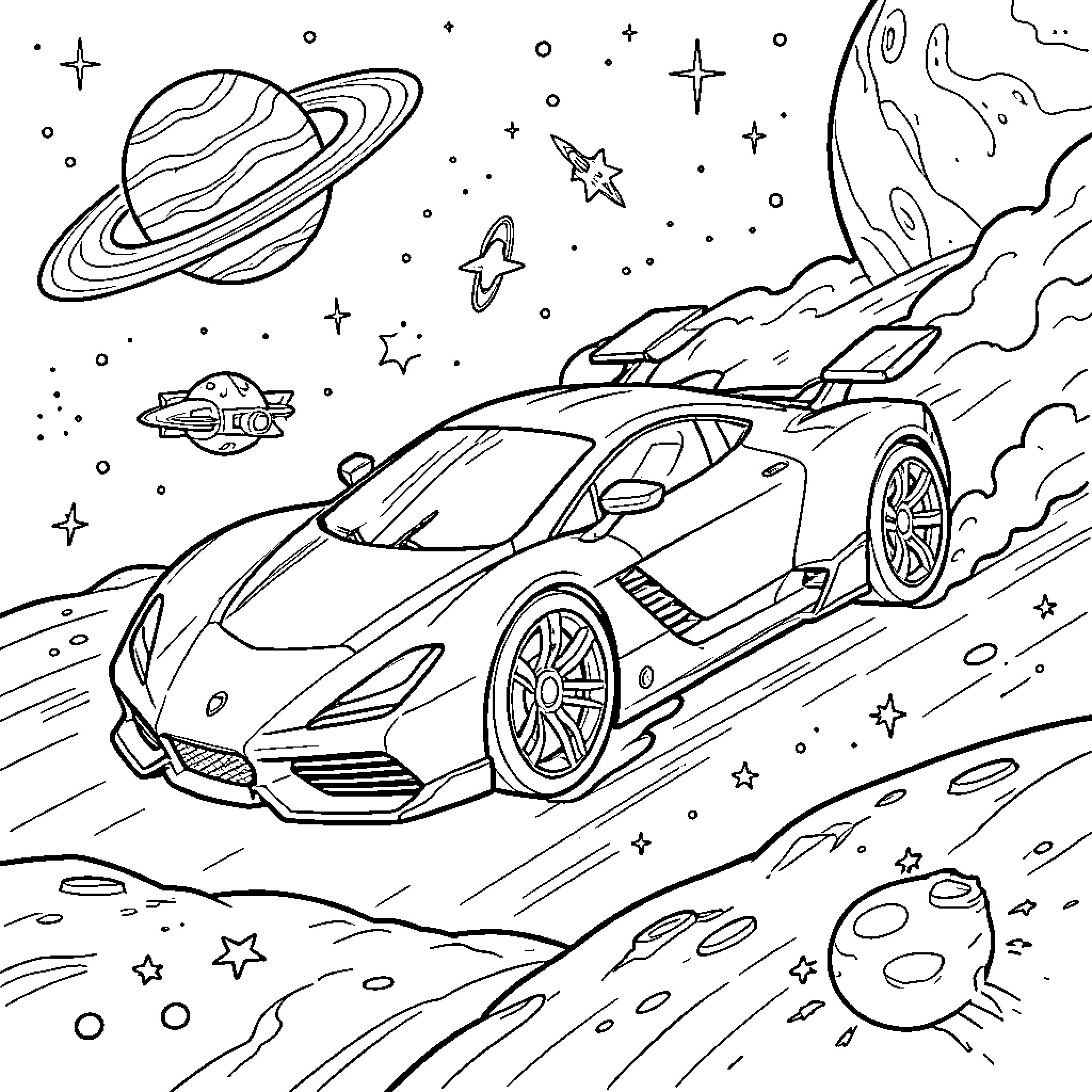 Futuristic Car speeding through a cosmic space landscape Coloring Page (free black-and-white line drawing printable PDF for all, from beginners to advanced learners, including children, teens, adults, and seniors)