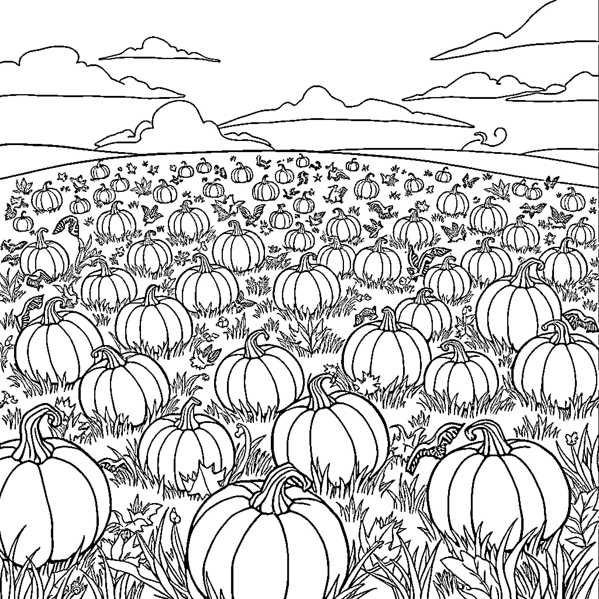 Pumpkins in the Field Coloring Page (free black-and-white line drawing printable PDF for all, from beginners to advanced learners, including children, teens, adults, and seniors)