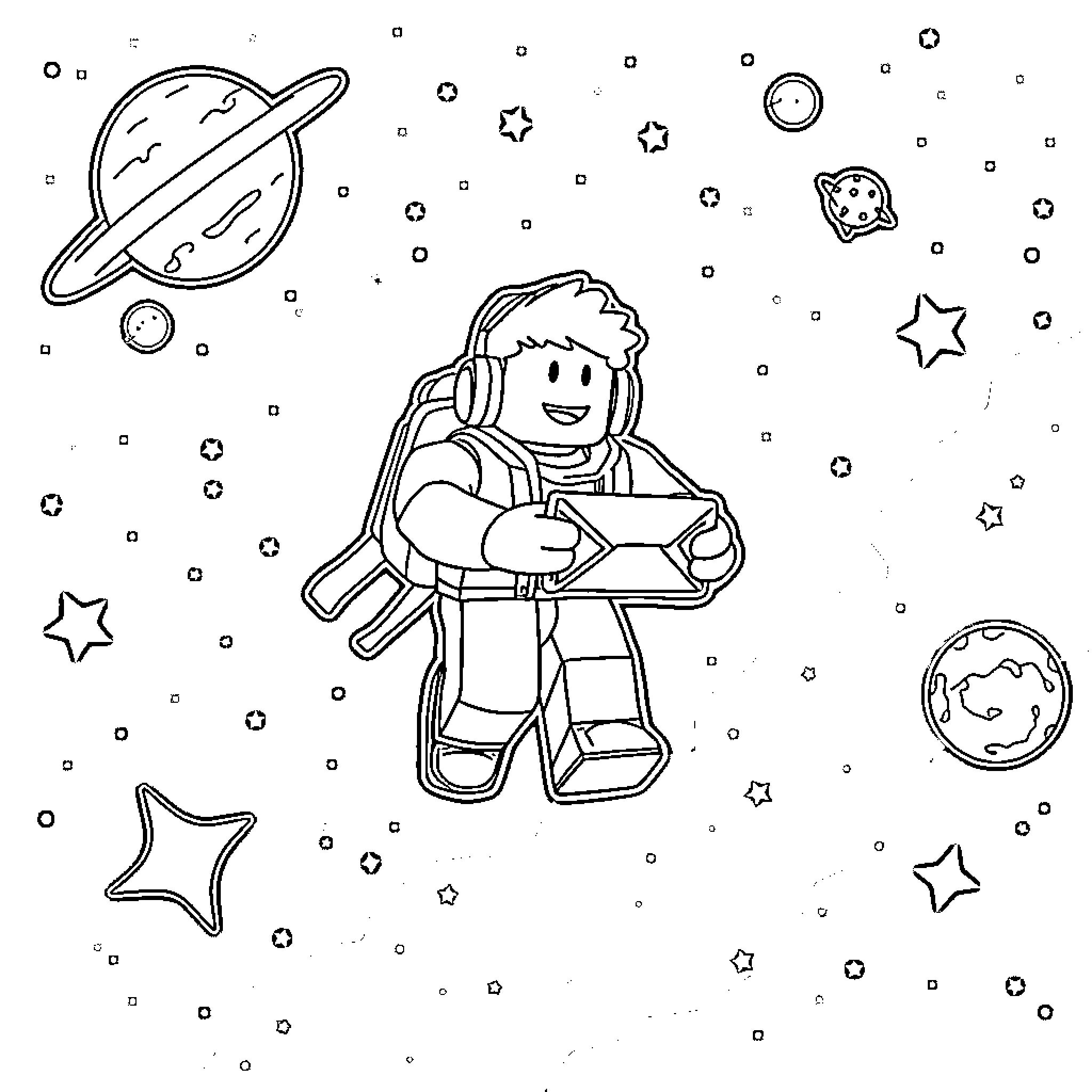 Roblox Noob exploring the cosmic universe Coloring Page (free black-and-white line drawing printable PDF for all, from beginners to advanced learners, including children, teens, adults, and seniors)