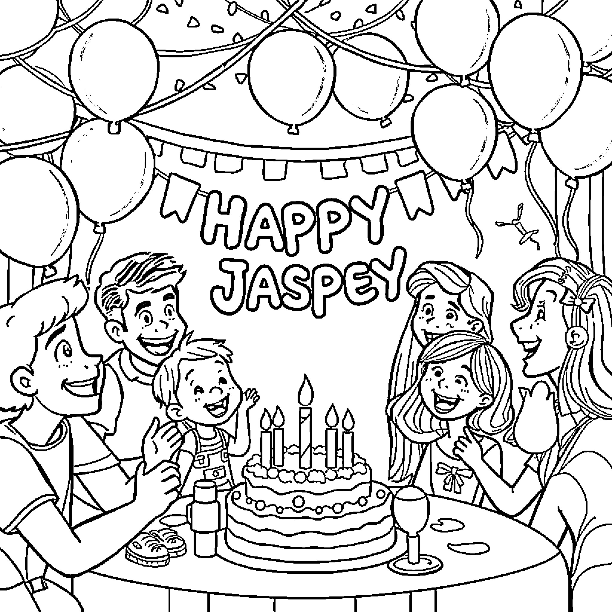 Birthday celebration with happy family Coloring Page (free black-and-white line drawing printable PDF for all, from beginners to advanced learners, including children, teens, adults, and seniors)