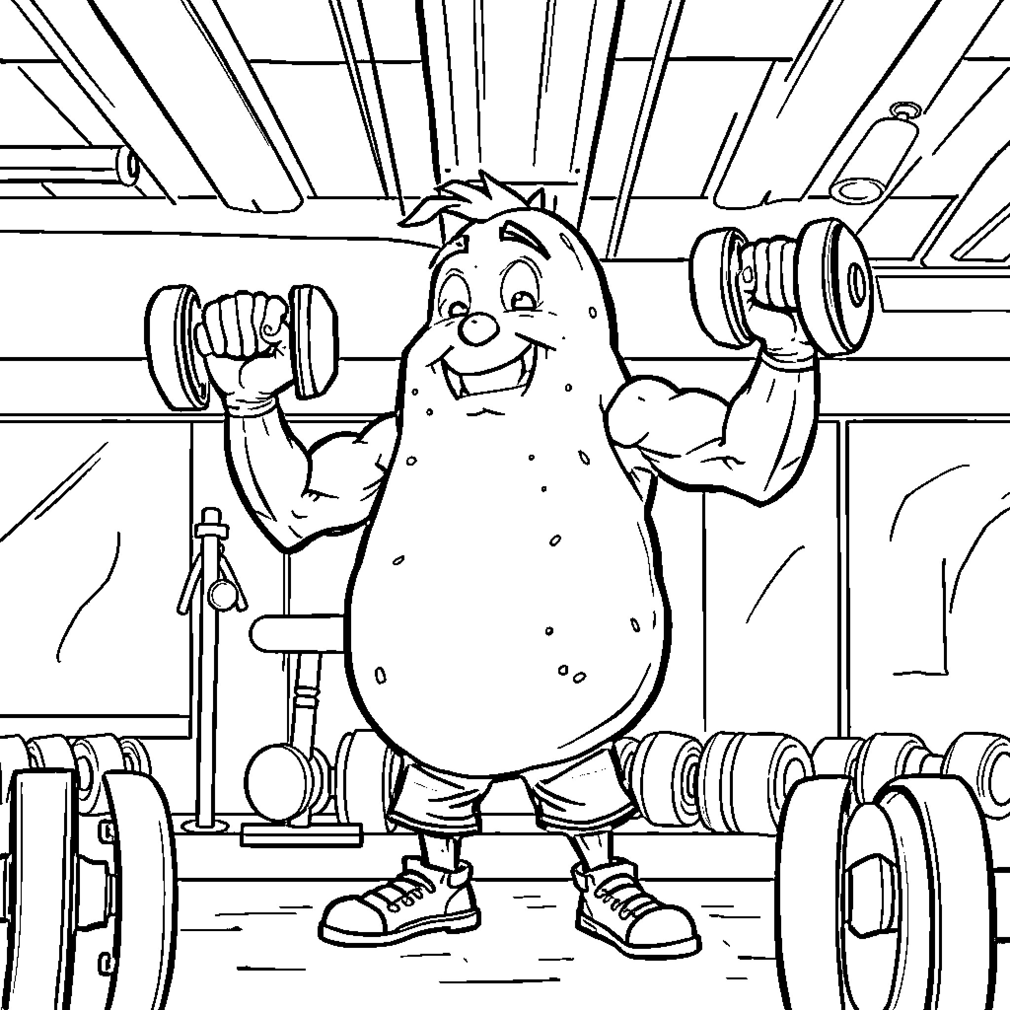 Potato working out at the gym Coloring Page (free black-and-white line drawing printable PDF for all, from beginners to advanced learners, including children, teens, adults, and seniors)