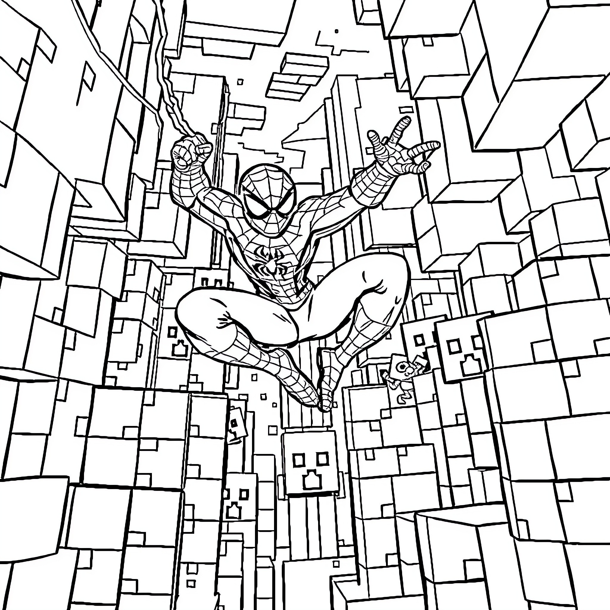 Spider-Man swinging through the city skyline Coloring Page (free black-and-white line drawing printable PDF for all, from beginners to advanced learners, including children, teens, adults, and seniors)