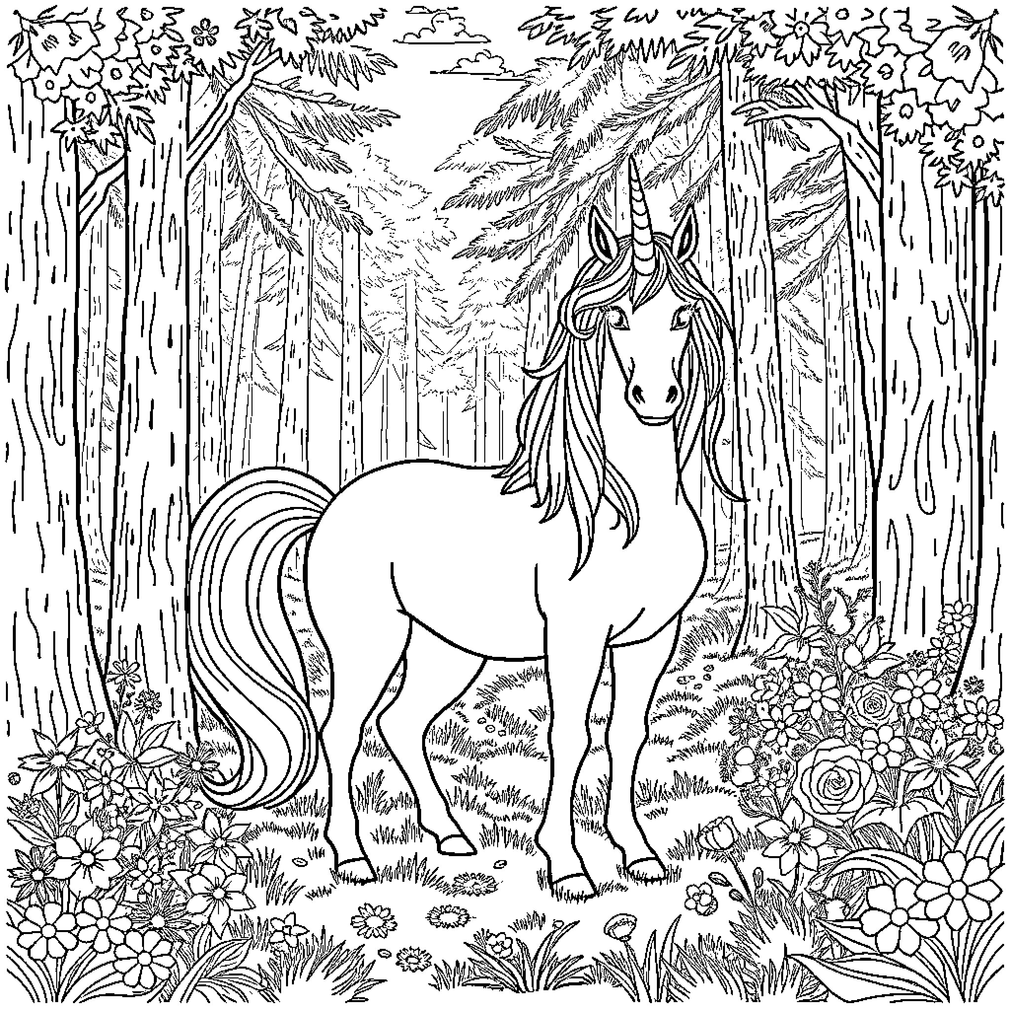 Unicorn in the magical forest Coloring Page (free black-and-white line drawing printable PDF for all, from beginners to advanced learners, including children, teens, adults, and seniors)