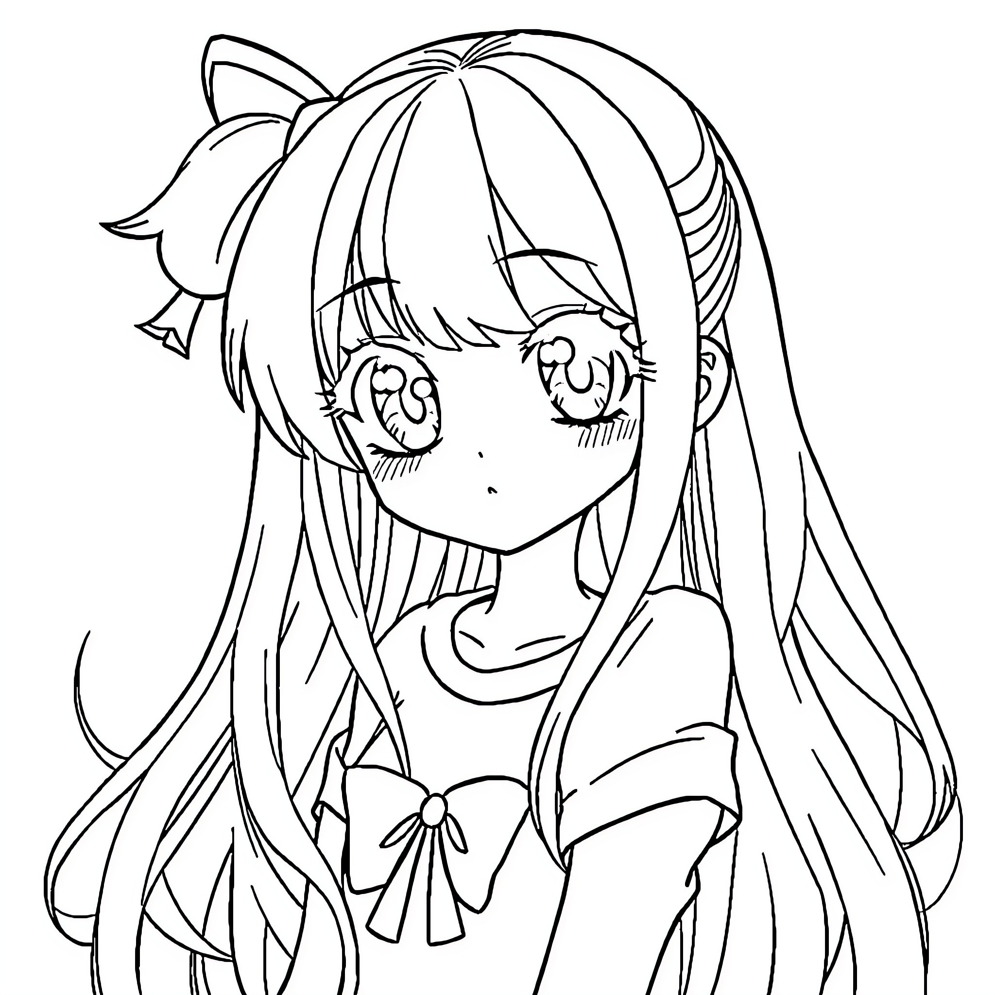 Anime Girl with Bow-Adorned Pigtails and Expressive Eyes Coloring Page (free black-and-white line drawing printable PDF for all, from beginners to advanced learners, including children, teens, adults, and seniors)