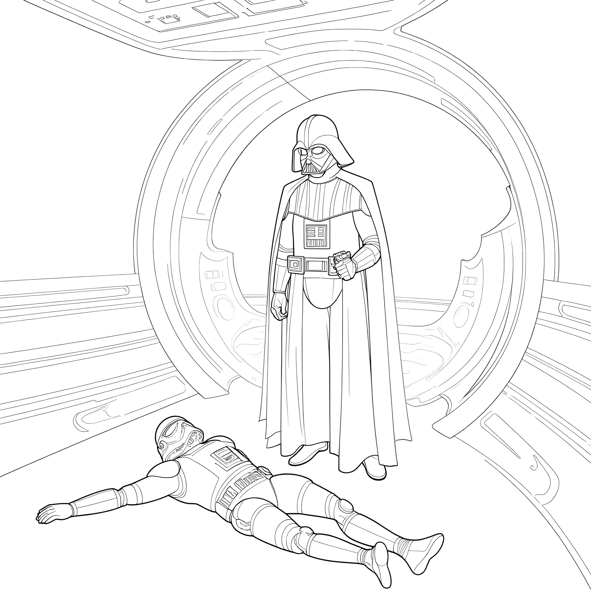 Darth Vader's Intimidating Presence Looms Over the Fallen Coloring Page (free black-and-white line drawing printable PDF for all, from beginners to advanced learners, including children, teens, adults, and seniors)