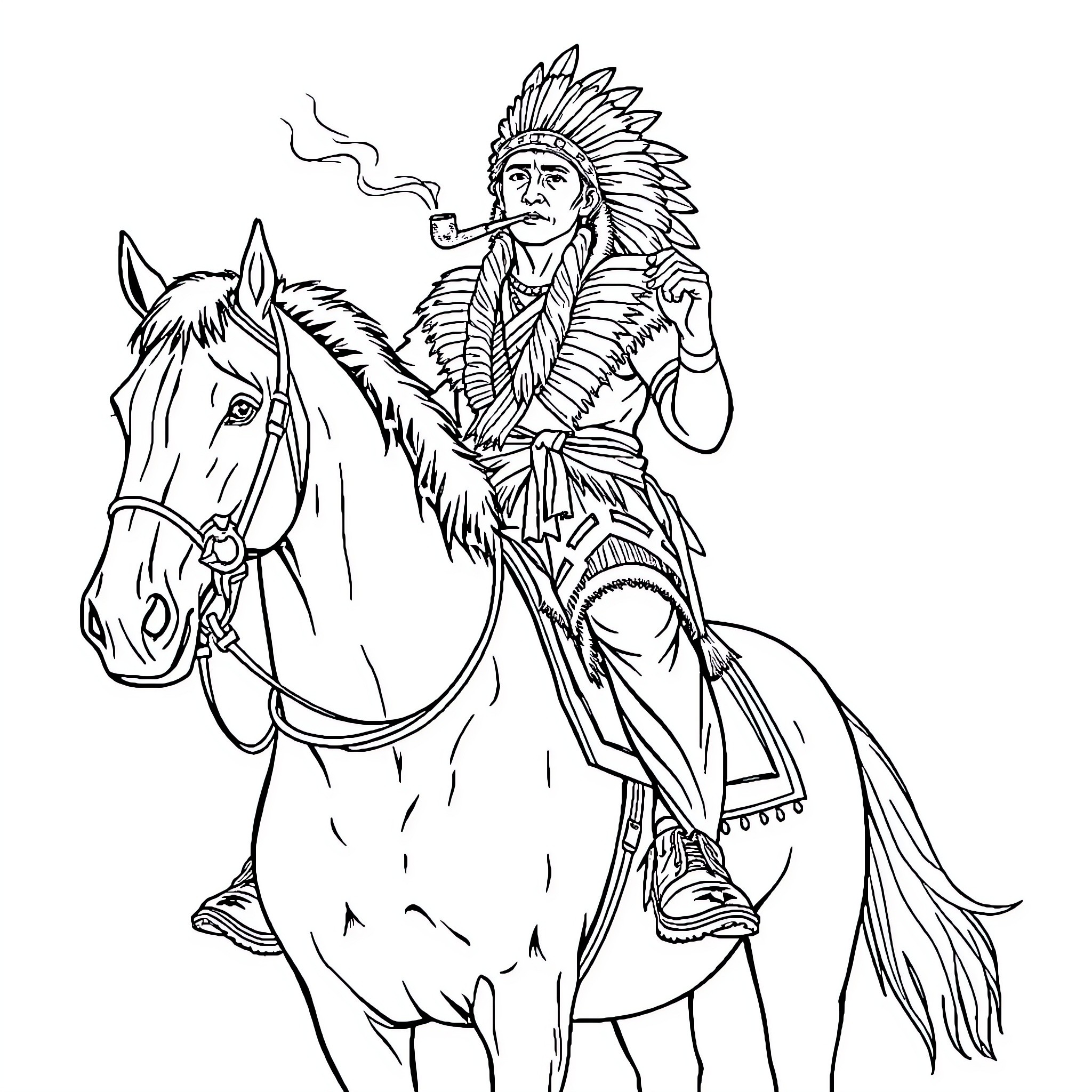 Indian Native Chief Riding a Horse Coloring Page (free black-and-white line drawing printable PDF for all, from beginners to advanced learners, including children, teens, adults, and seniors)