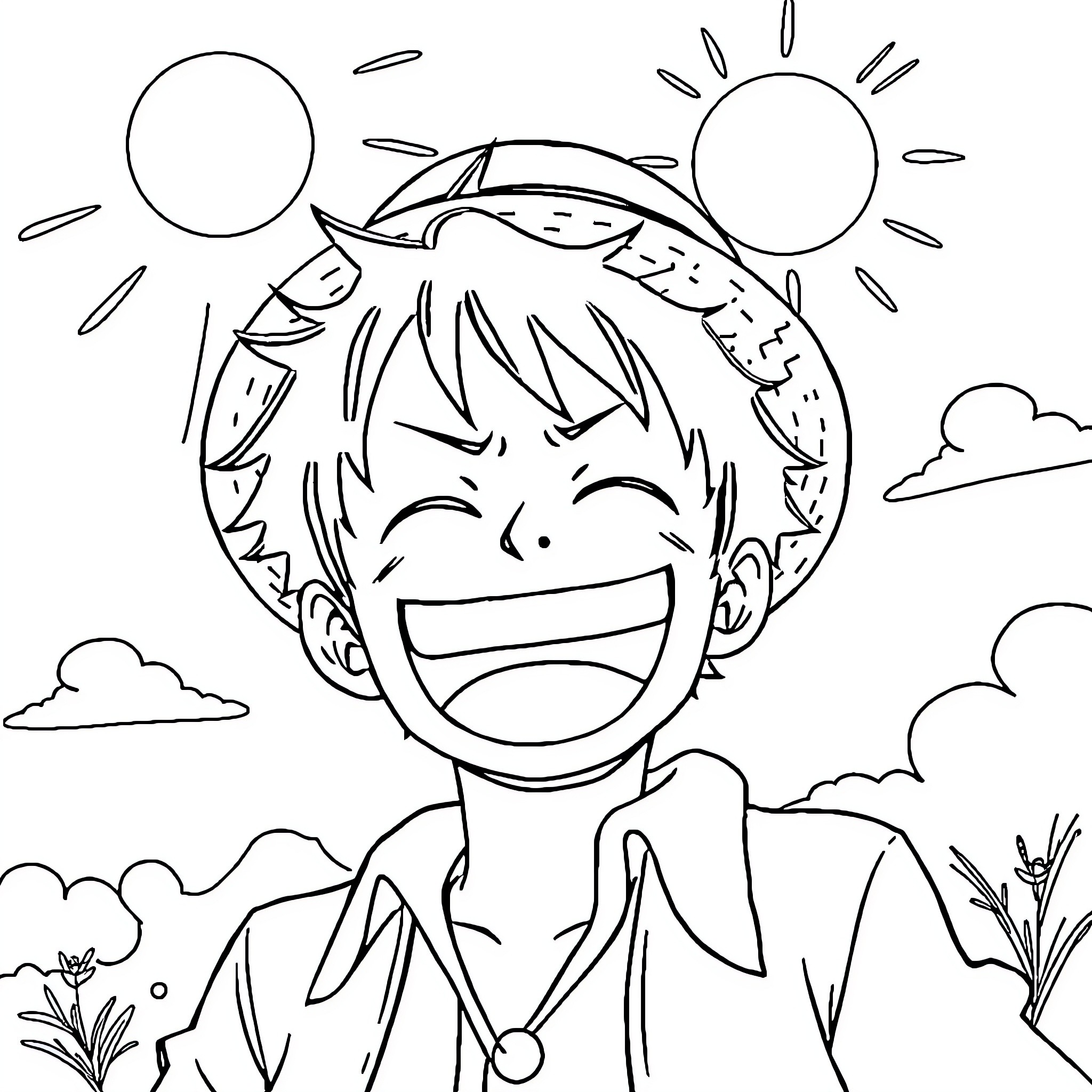 Luffy's Joyful Outdoor Adventure Coloring Page (free black-and-white line drawing printable PDF for all, from beginners to advanced learners, including children, teens, adults, and seniors)