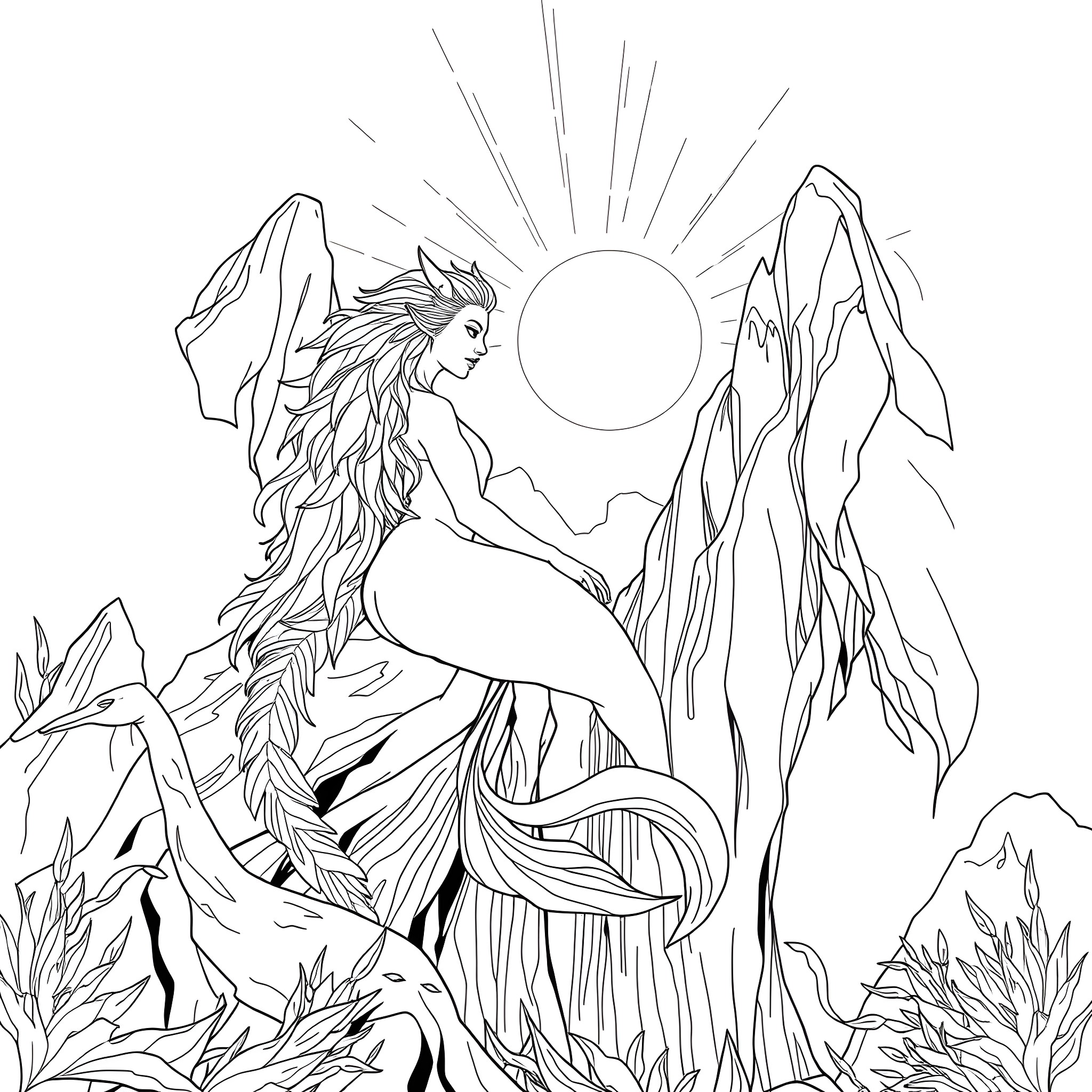 Lioness mermaid in majestic mountain landscape Coloring Page (free black-and-white line drawing printable PDF for all, from beginners to advanced learners, including children, teens, adults, and seniors)