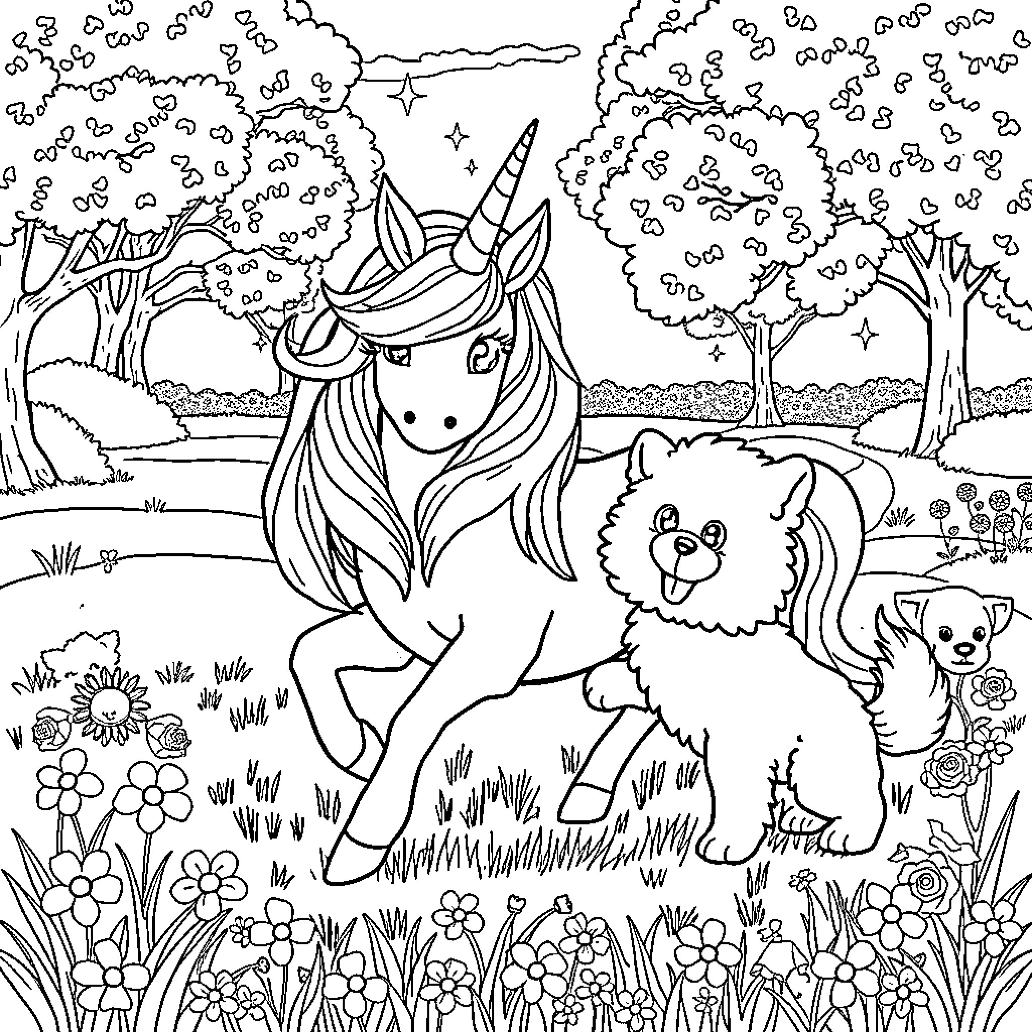 Unicorn and puppy enjoying a magical garden Coloring Page (free black-and-white line drawing printable PDF for all, from beginners to advanced learners, including children, teens, adults, and seniors)