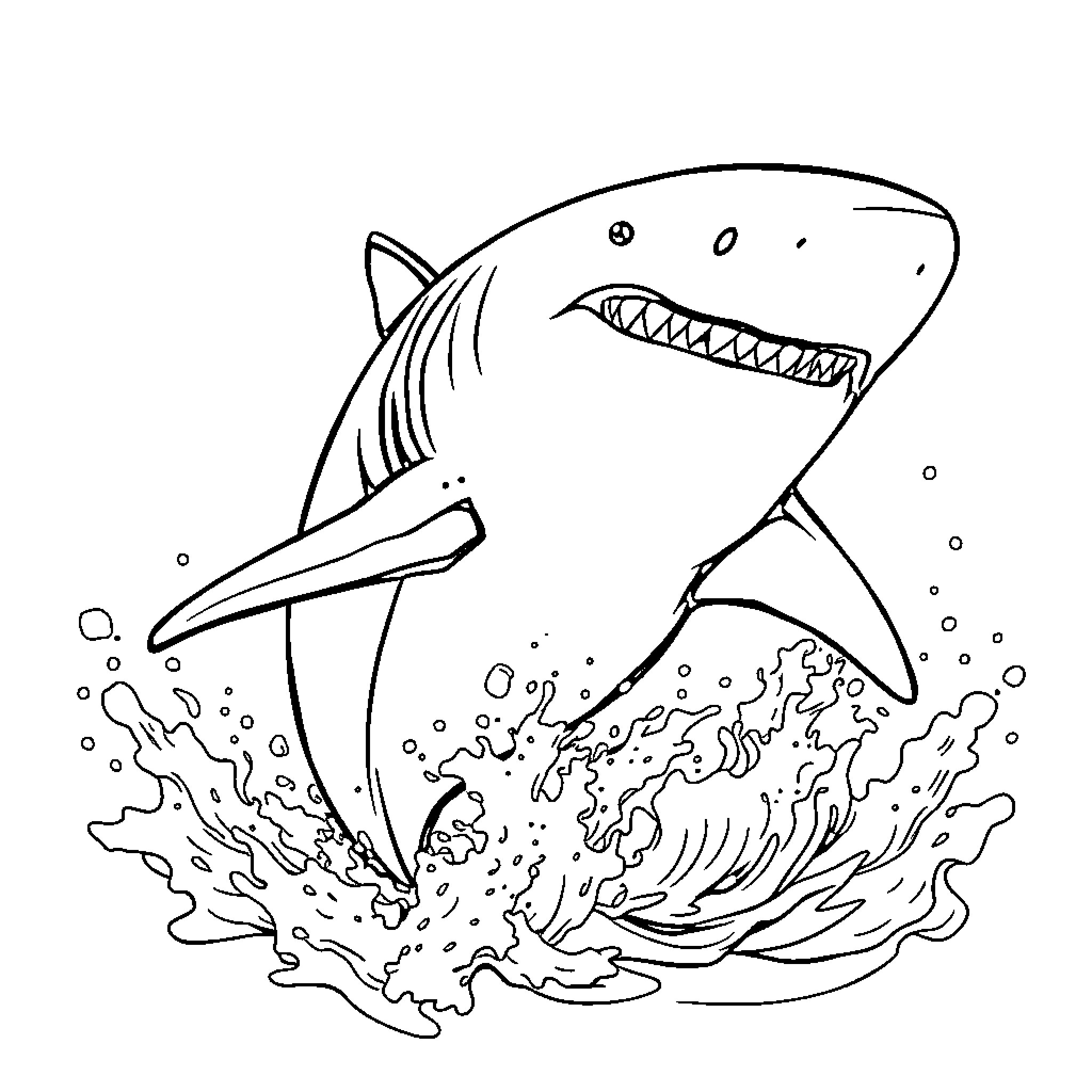 Shark jumping out of the water Coloring Page (free black-and-white line drawing printable PDF for all, from beginners to advanced learners, including children, teens, adults, and seniors)