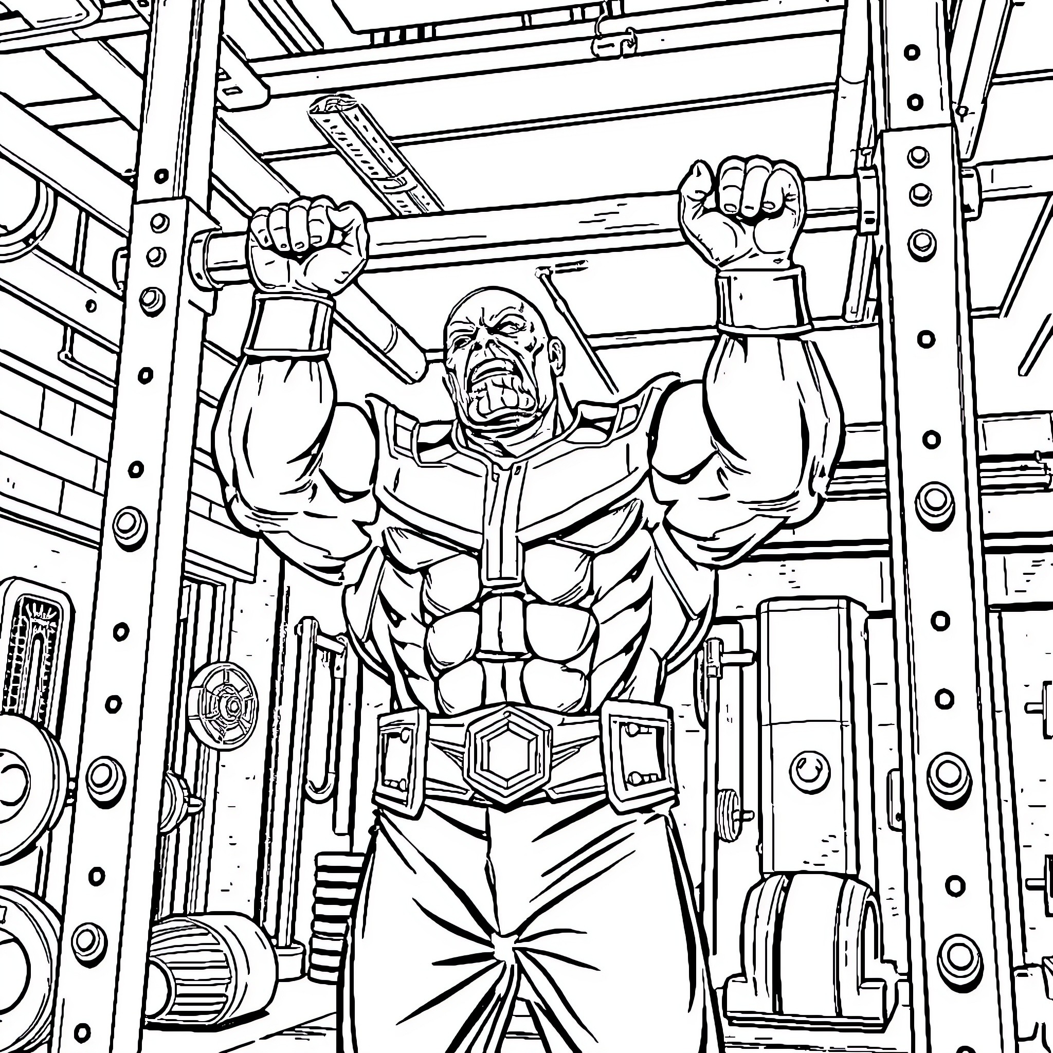 Thanos standing powerfully in a battle-ready pose Coloring Page (free black-and-white line drawing printable PDF for all, from beginners to advanced learners, including children, teens, adults, and seniors)