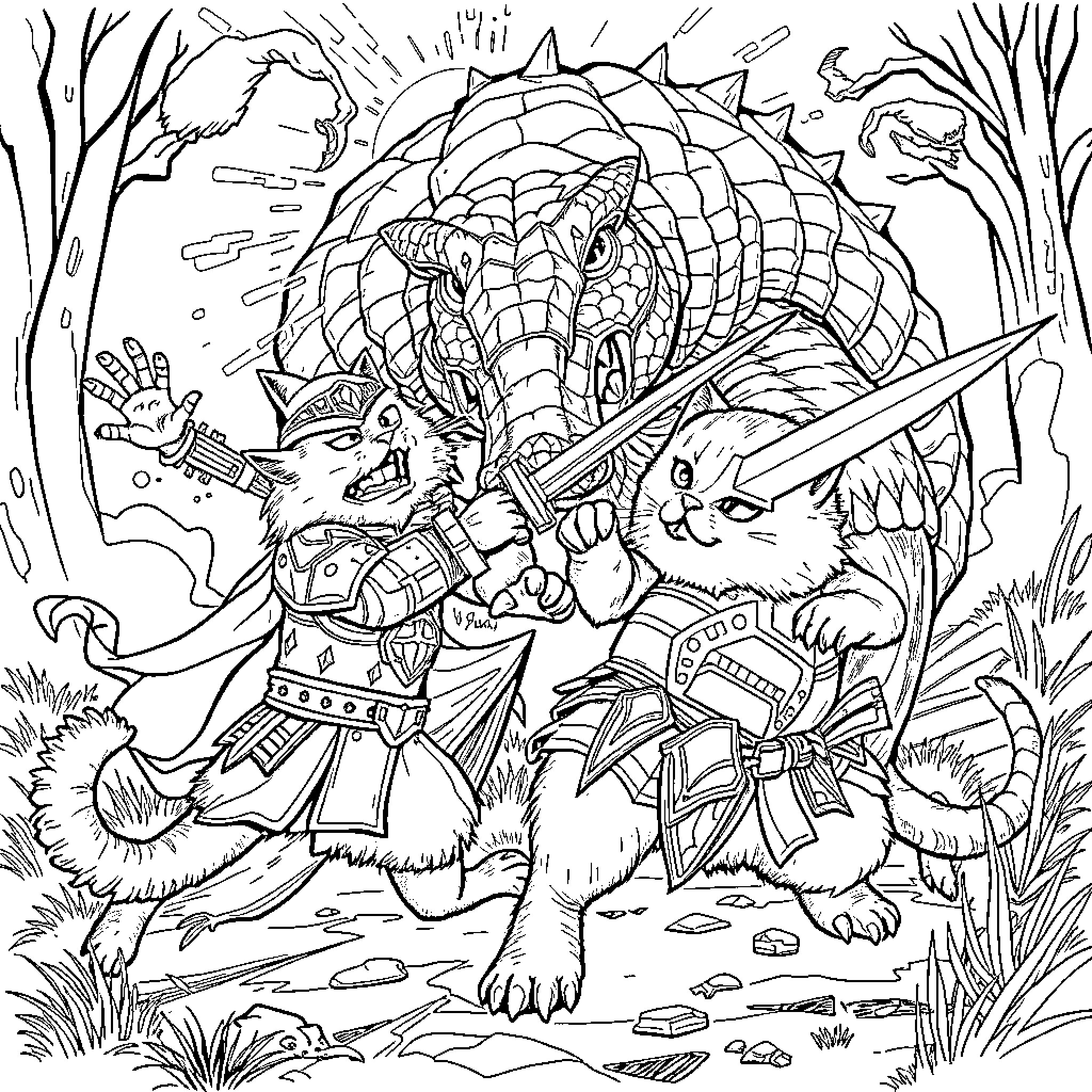 Cat warriors battling fearsome reptilian foe in forest Coloring Page (free black-and-white line drawing printable PDF for all, from beginners to advanced learners, including children, teens, adults, and seniors)