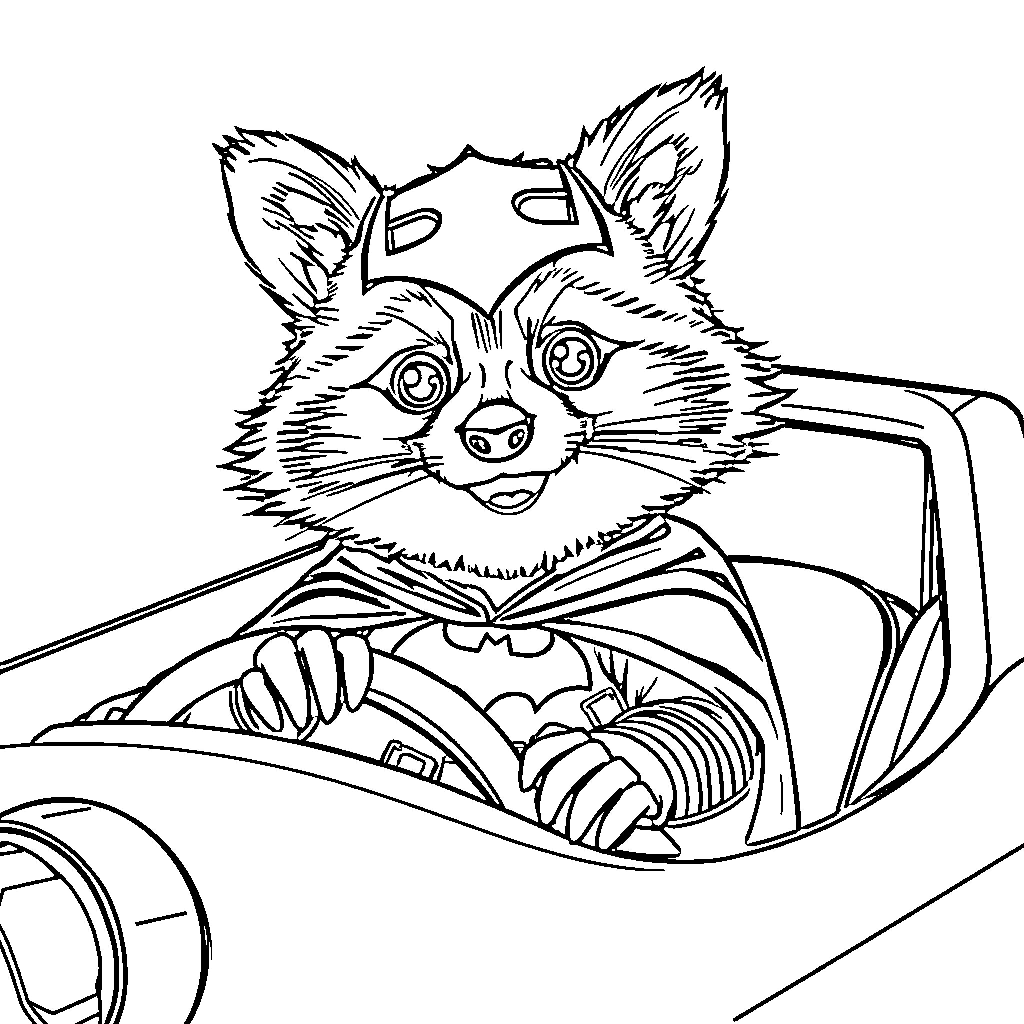 Mapache driving a car with enthusiasm Coloring Page (free black-and-white line drawing printable PDF for all, from beginners to advanced learners, including children, teens, adults, and seniors)