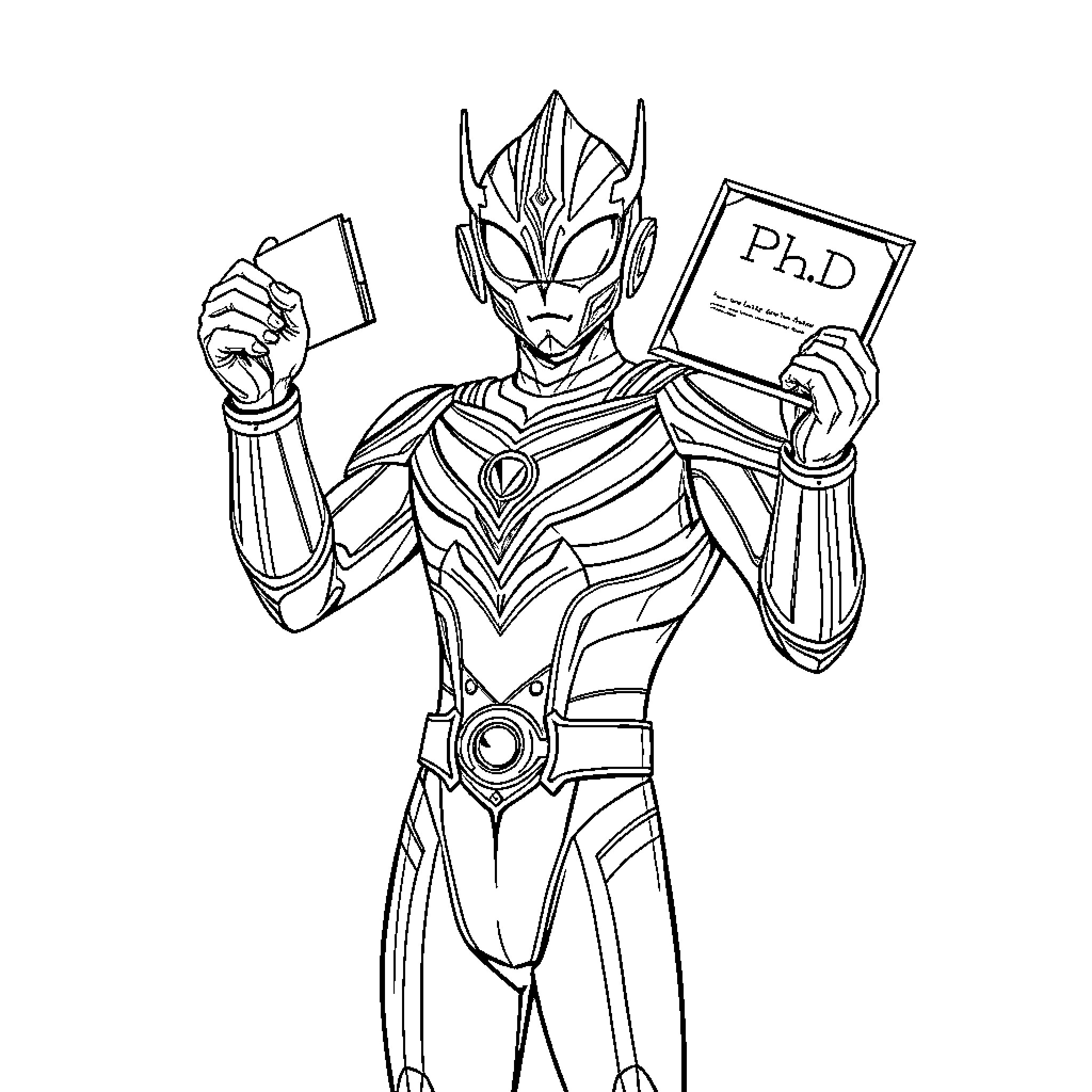 Ultraman receiving a Ph.D. degree Coloring Page (free black-and-white line drawing printable PDF for all, from beginners to advanced learners, including children, teens, adults, and seniors)
