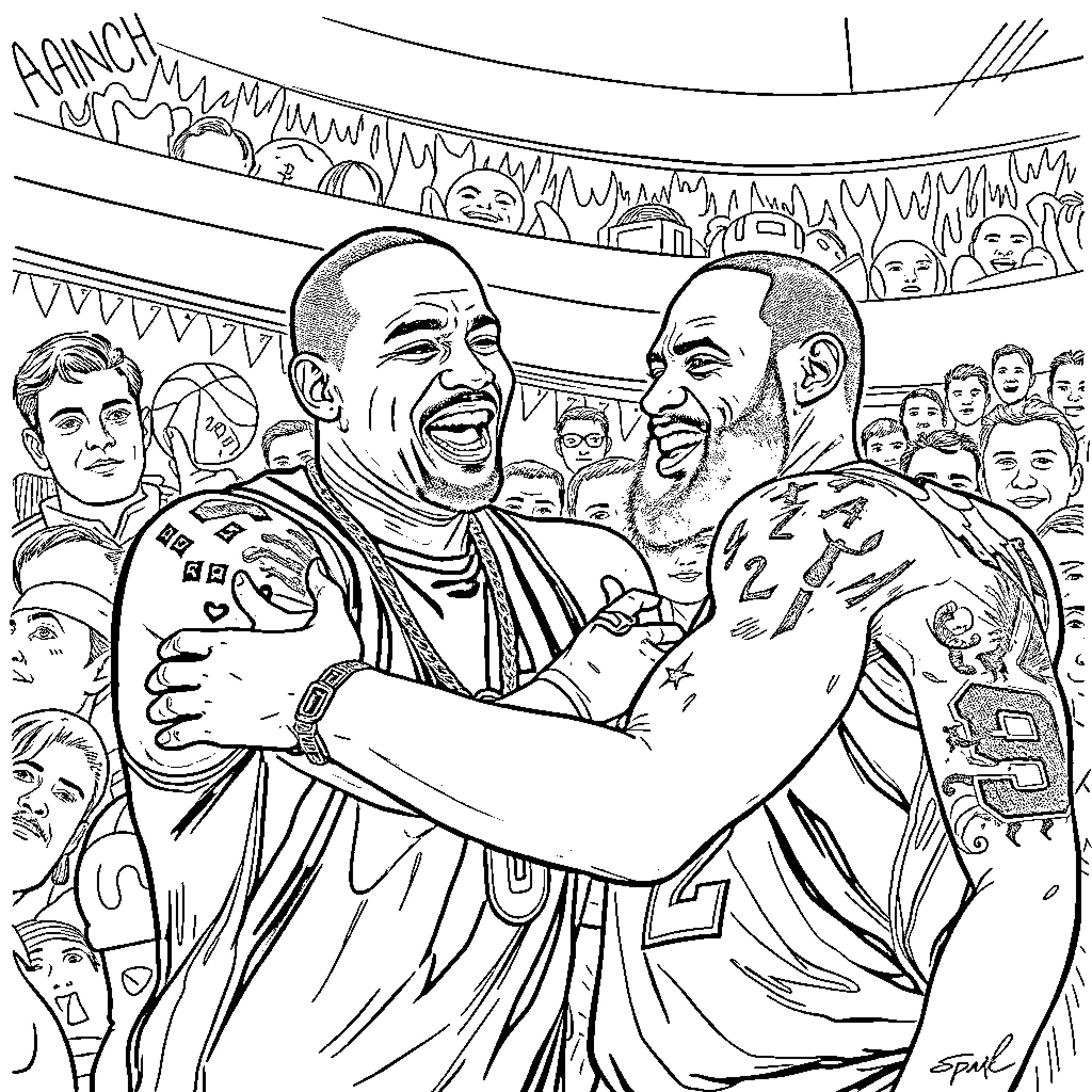 P Diddy celebrating with friends in a crowd Coloring Page (free black-and-white line drawing printable PDF for all, from beginners to advanced learners, including children, teens, adults, and seniors)