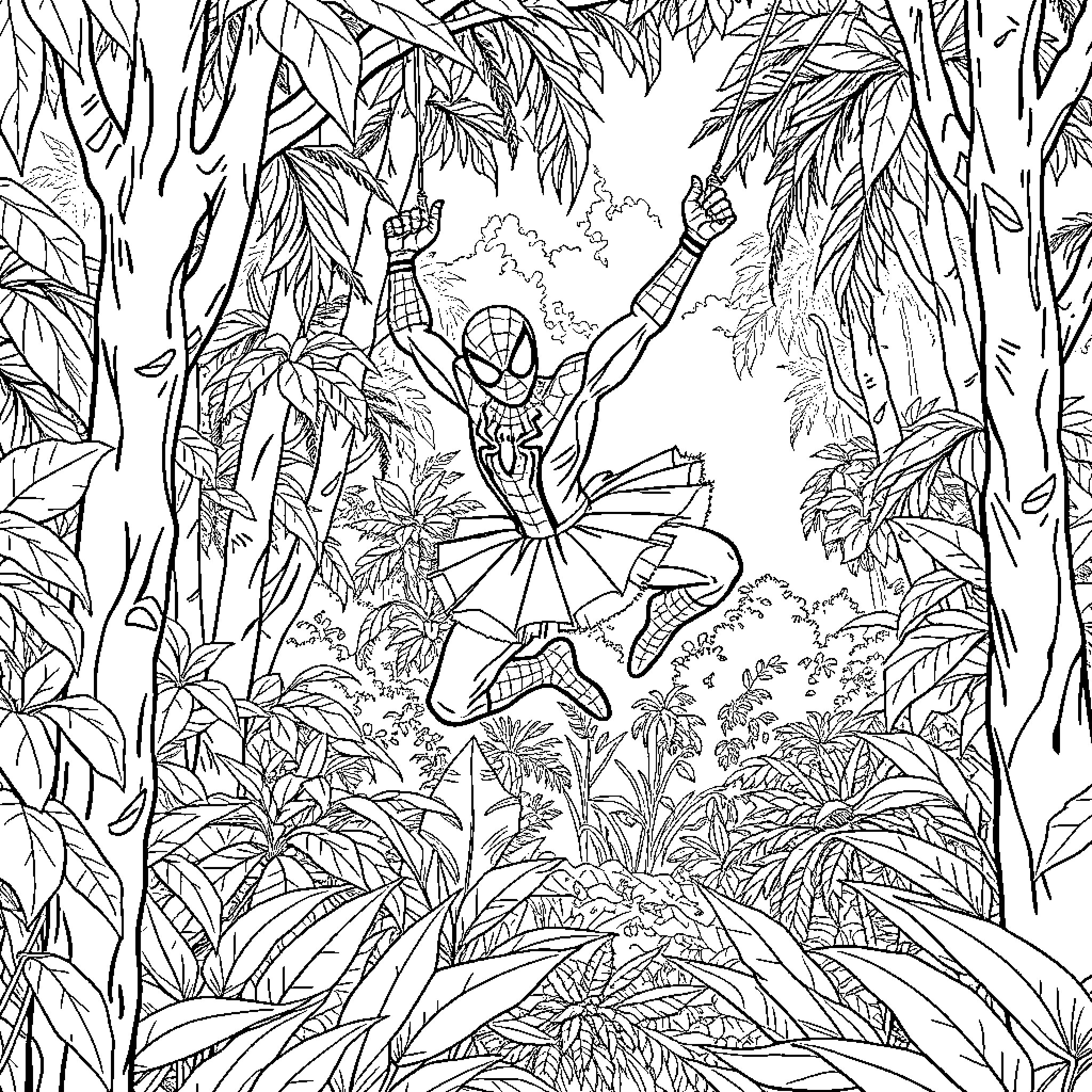 Spiderman swinging through the jungle Coloring Page (free black-and-white line drawing printable PDF for all, from beginners to advanced learners, including children, teens, adults, and seniors)