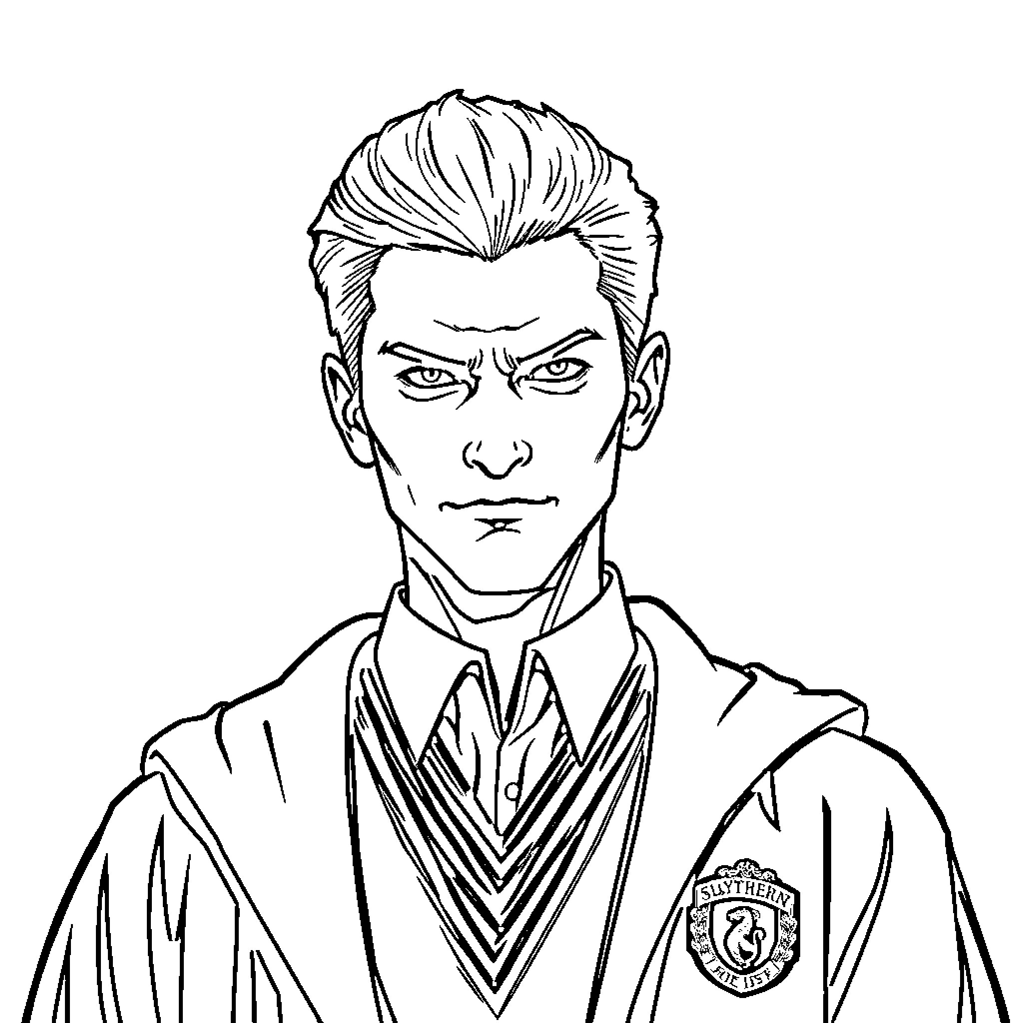 Draco Malfoy in a serious and stern expression Coloring Page (free black-and-white line drawing printable PDF for all, from beginners to advanced learners, including children, teens, adults, and seniors)