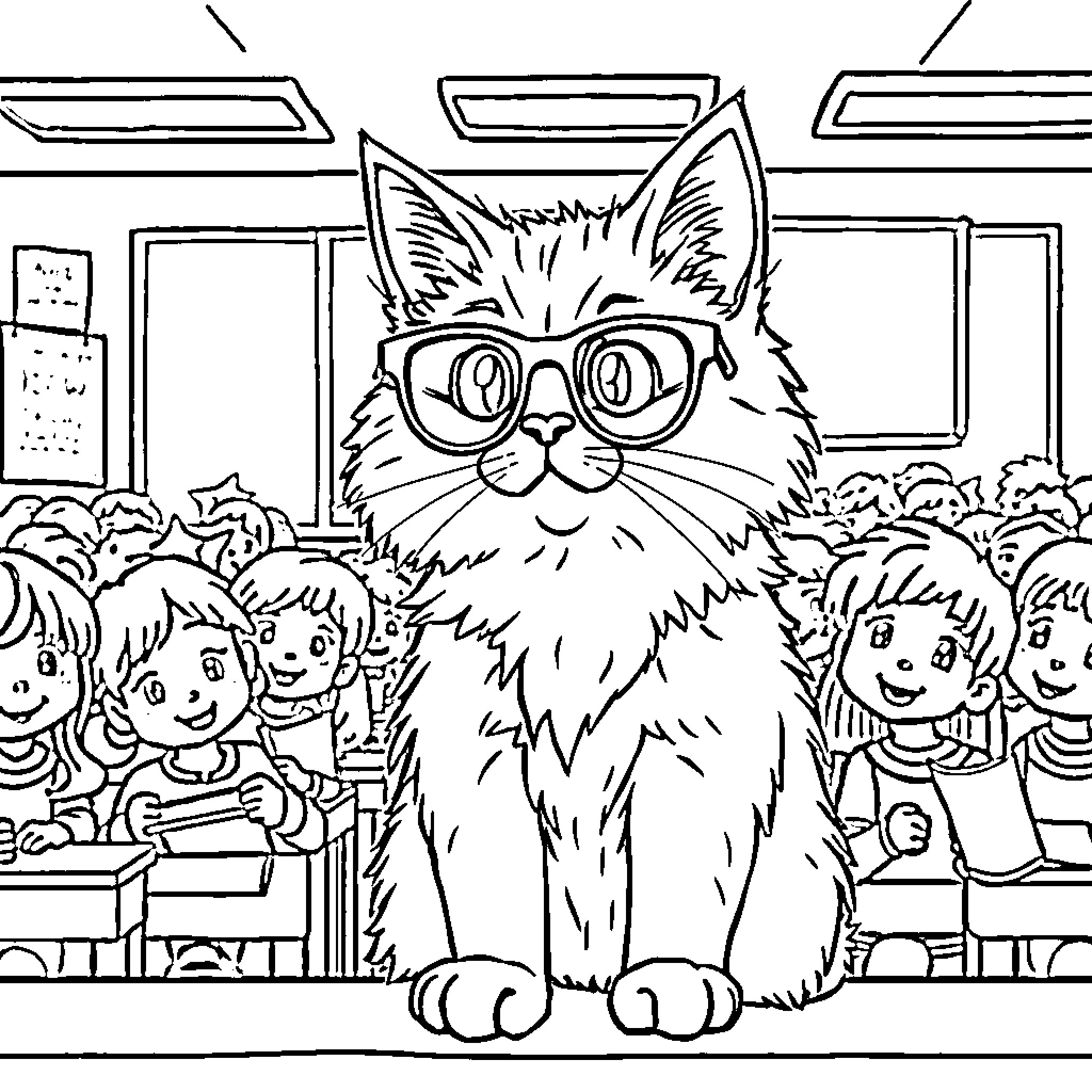 Cat with glasses in a classroom Coloring Page (free black-and-white line drawing printable PDF for all, from beginners to advanced learners, including children, teens, adults, and seniors)