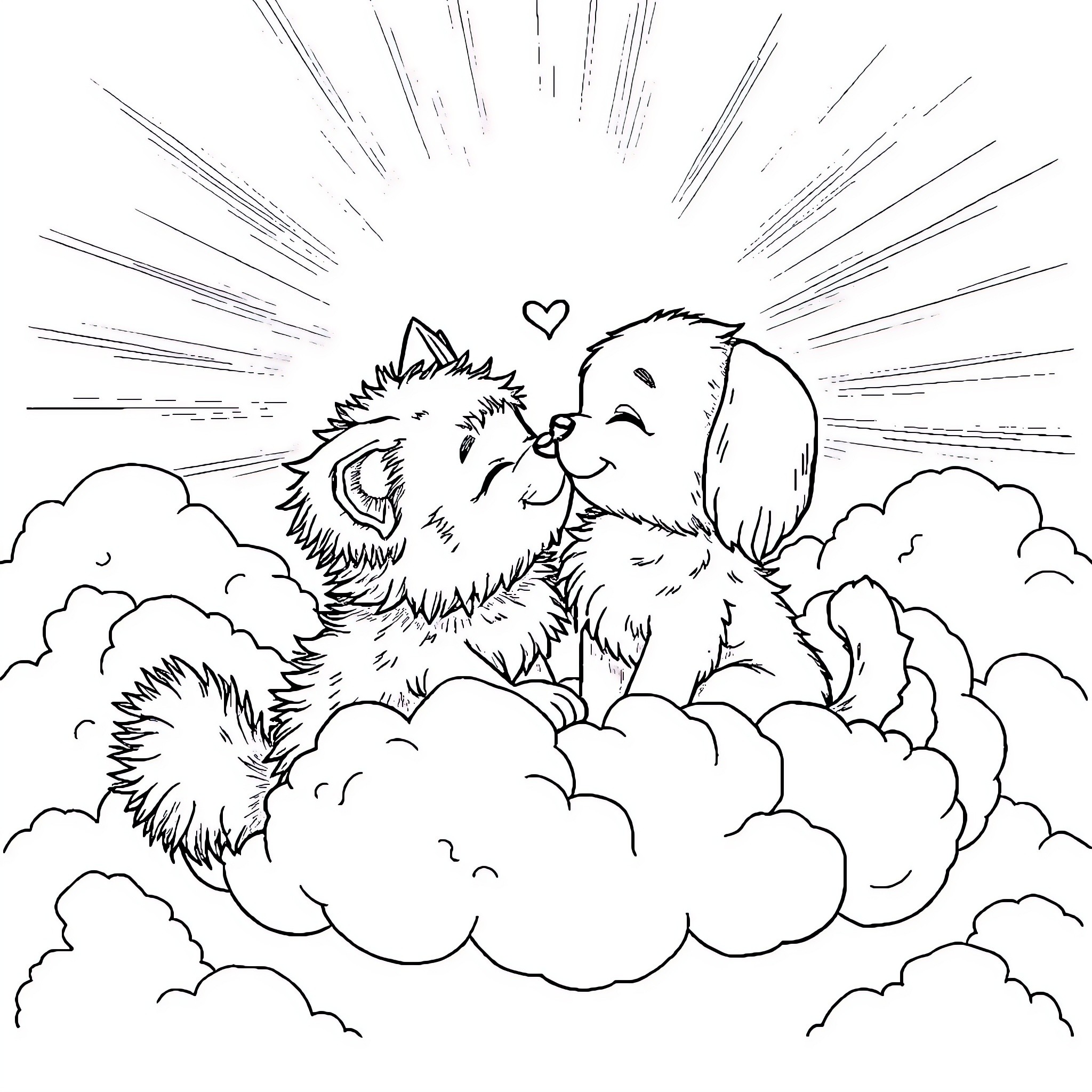 Cats cuddling lovingly in the clouds Coloring Page (free black-and-white line drawing printable PDF for all, from beginners to advanced learners, including children, teens, adults, and seniors)