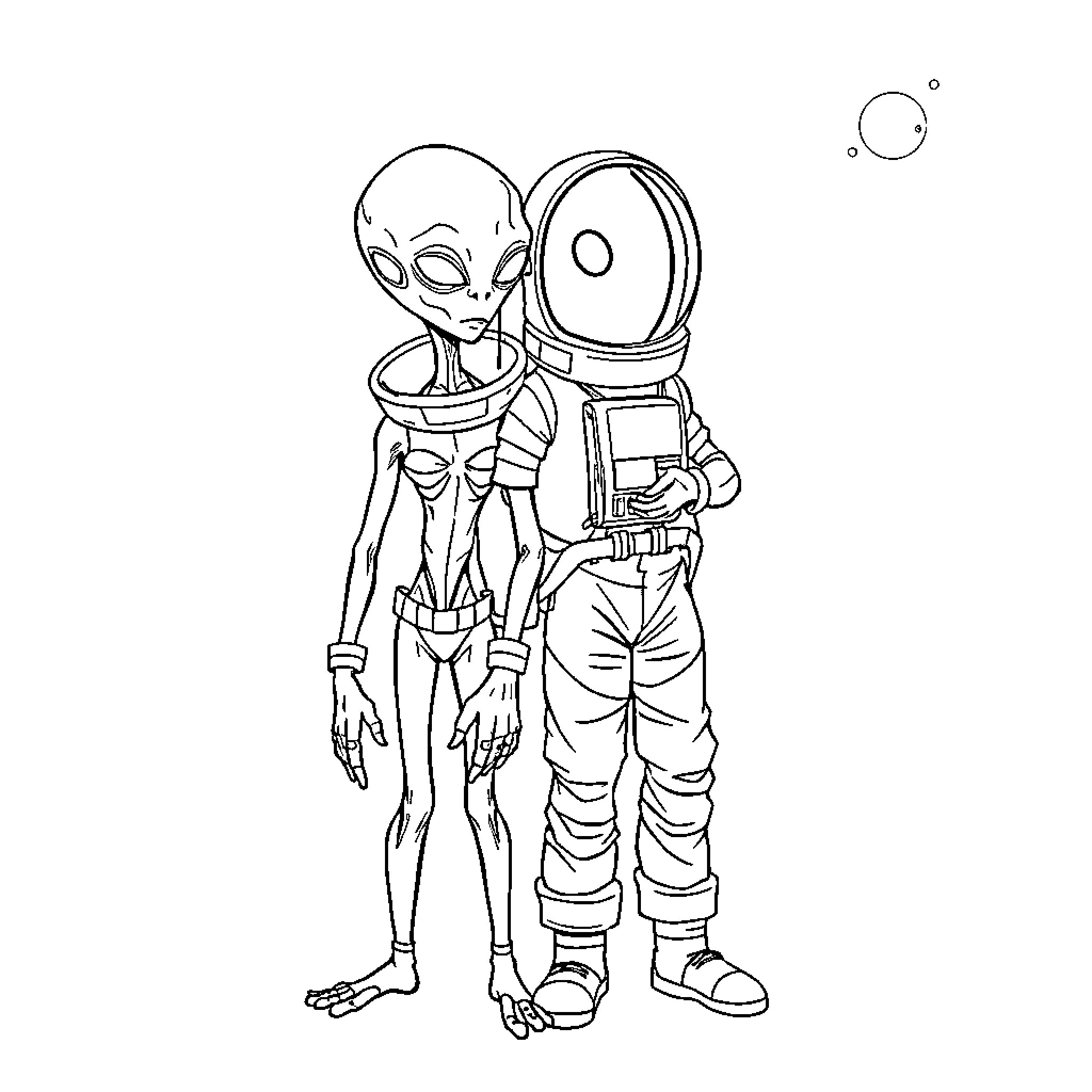 Alien Explorers Embarking on a Cosmic Adventure Coloring Page (free black-and-white line drawing printable PDF for all, from beginners to advanced learners, including children, teens, adults, and seniors)