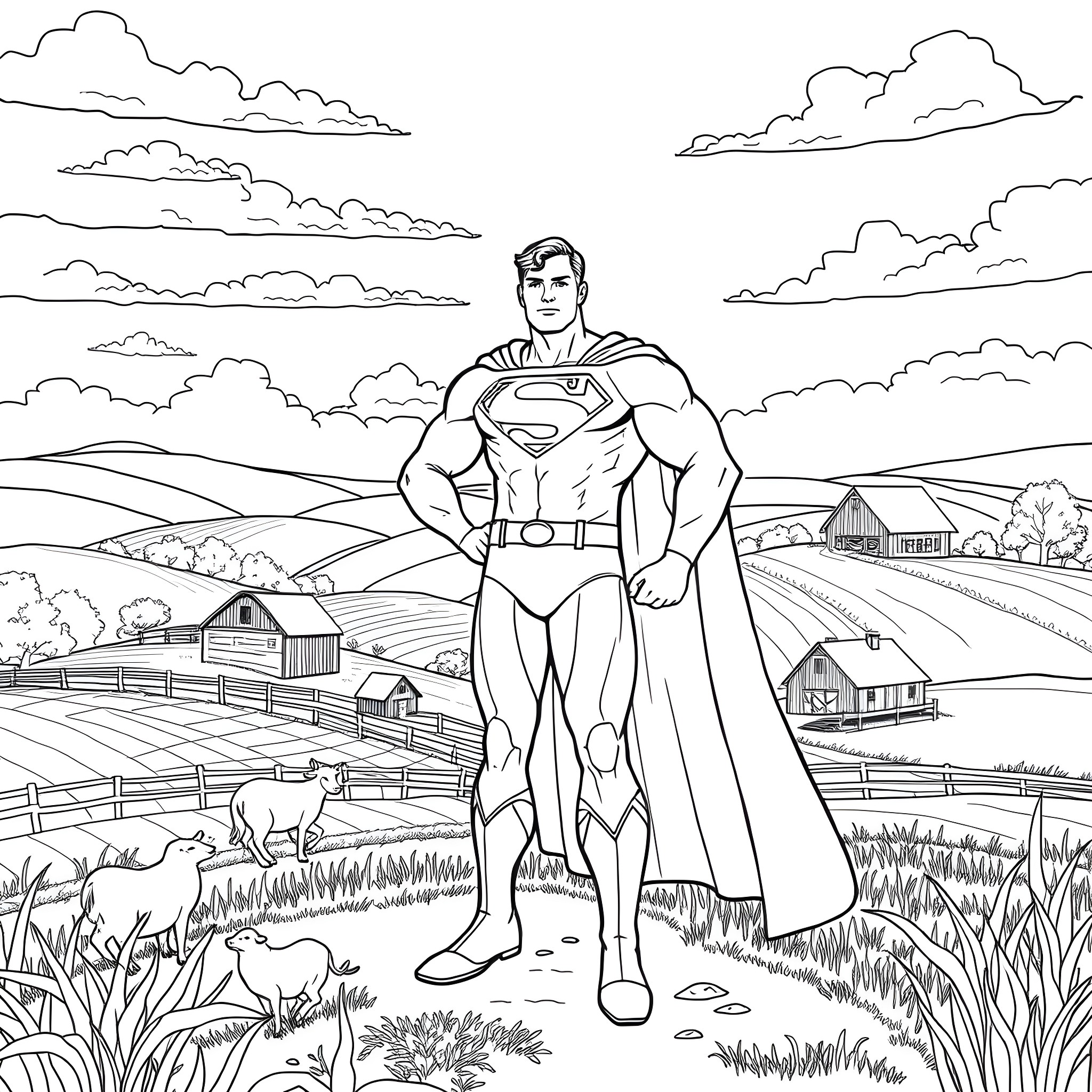 Superman standing heroically in a rural landscape Coloring Page (free black-and-white line drawing printable PDF for all, from beginners to advanced learners, including children, teens, adults, and seniors)