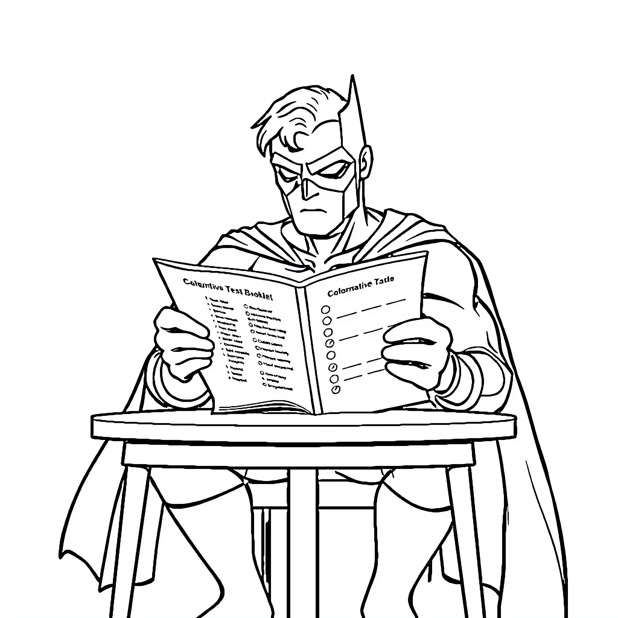 Superhero studying villainous plans in secret lair Coloring Page (free black-and-white line drawing printable PDF for all, from beginners to advanced learners, including children, teens, adults, and seniors)