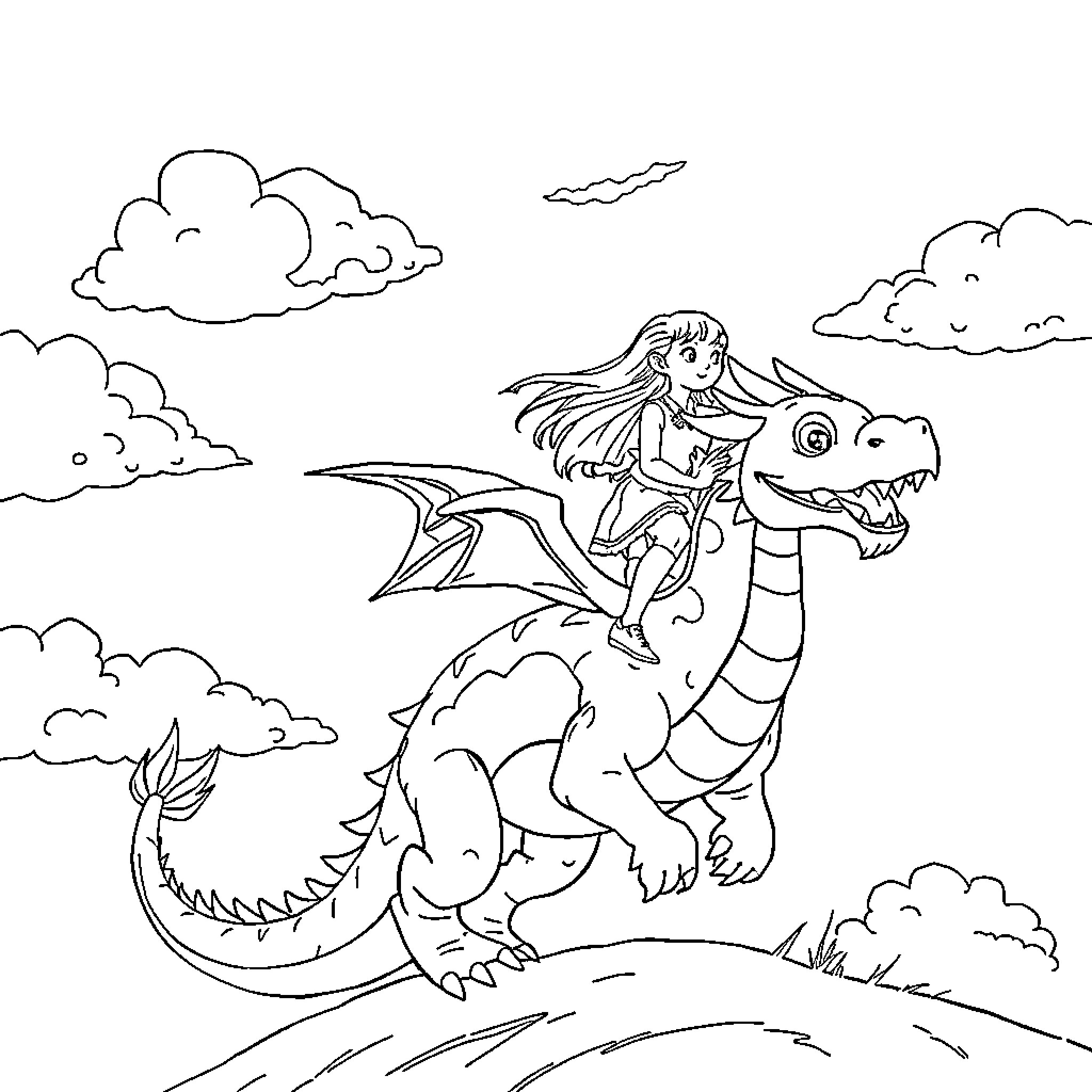 Girl Riding Fantastical Dragon in the Clouds Coloring Page (free black-and-white line drawing printable PDF for all, from beginners to advanced learners, including children, teens, adults, and seniors)