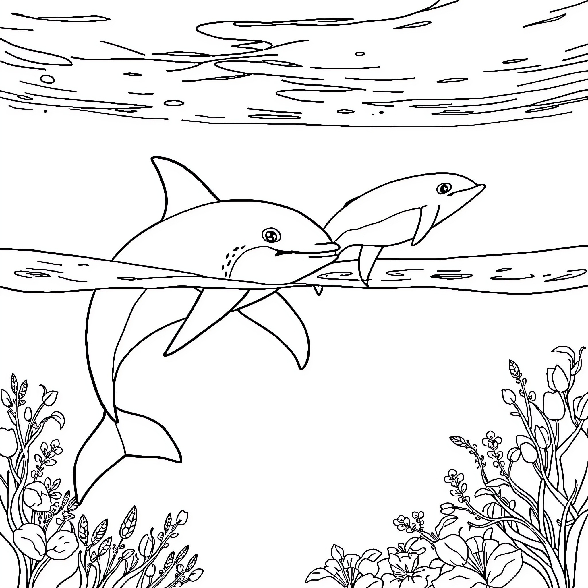 Shark family swimming underwater in the ocean Coloring Page (free black-and-white line drawing printable PDF for all, from beginners to advanced learners, including children, teens, adults, and seniors)