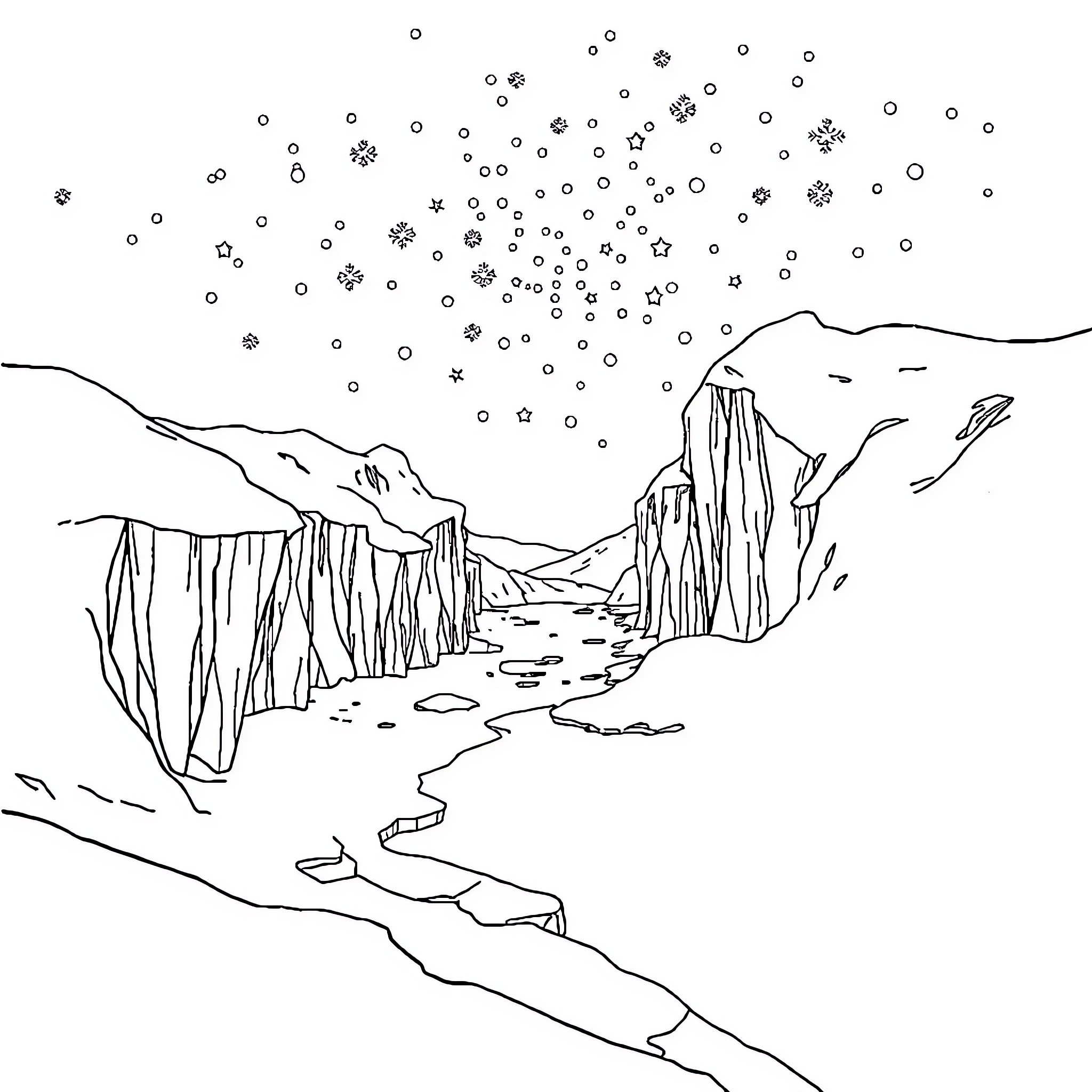 Frozen Landscape with Snowflakes and Cliffs Coloring Page (free black-and-white line drawing printable PDF for all, from beginners to advanced learners, including children, teens, adults, and seniors)