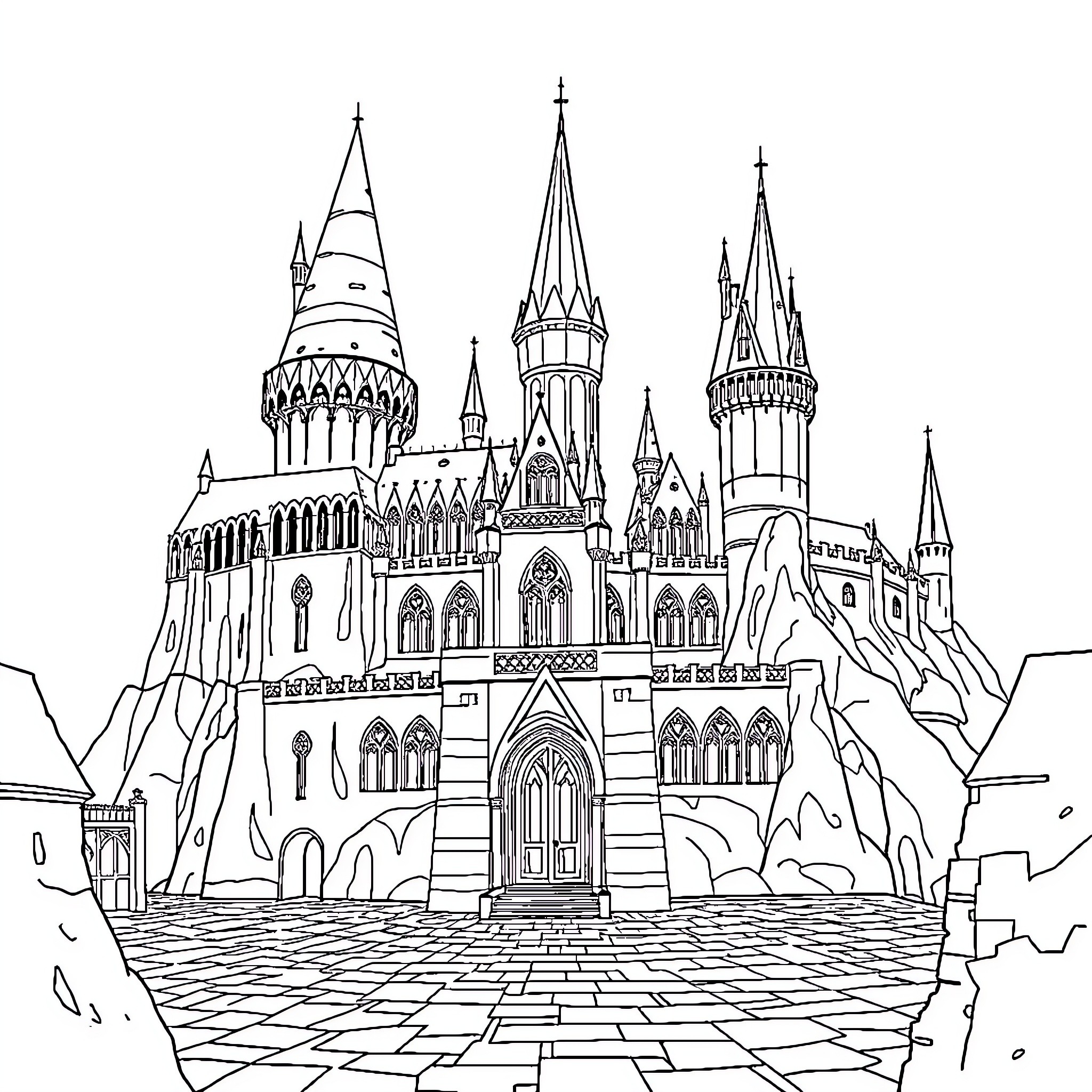 Hogwarts Castle Depicted in Detailed Architectural Illustration Coloring Page (free black-and-white line drawing printable PDF for all, from beginners to advanced learners, including children, teens, adults, and seniors)