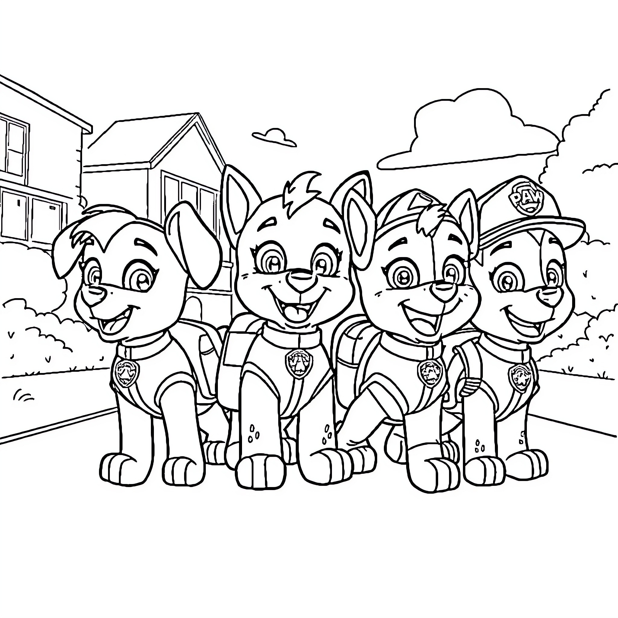 Paw Patrol Team on Duty in the Neighborhood Coloring Page (free black-and-white line drawing printable PDF for all, from beginners to advanced learners, including children, teens, adults, and seniors)