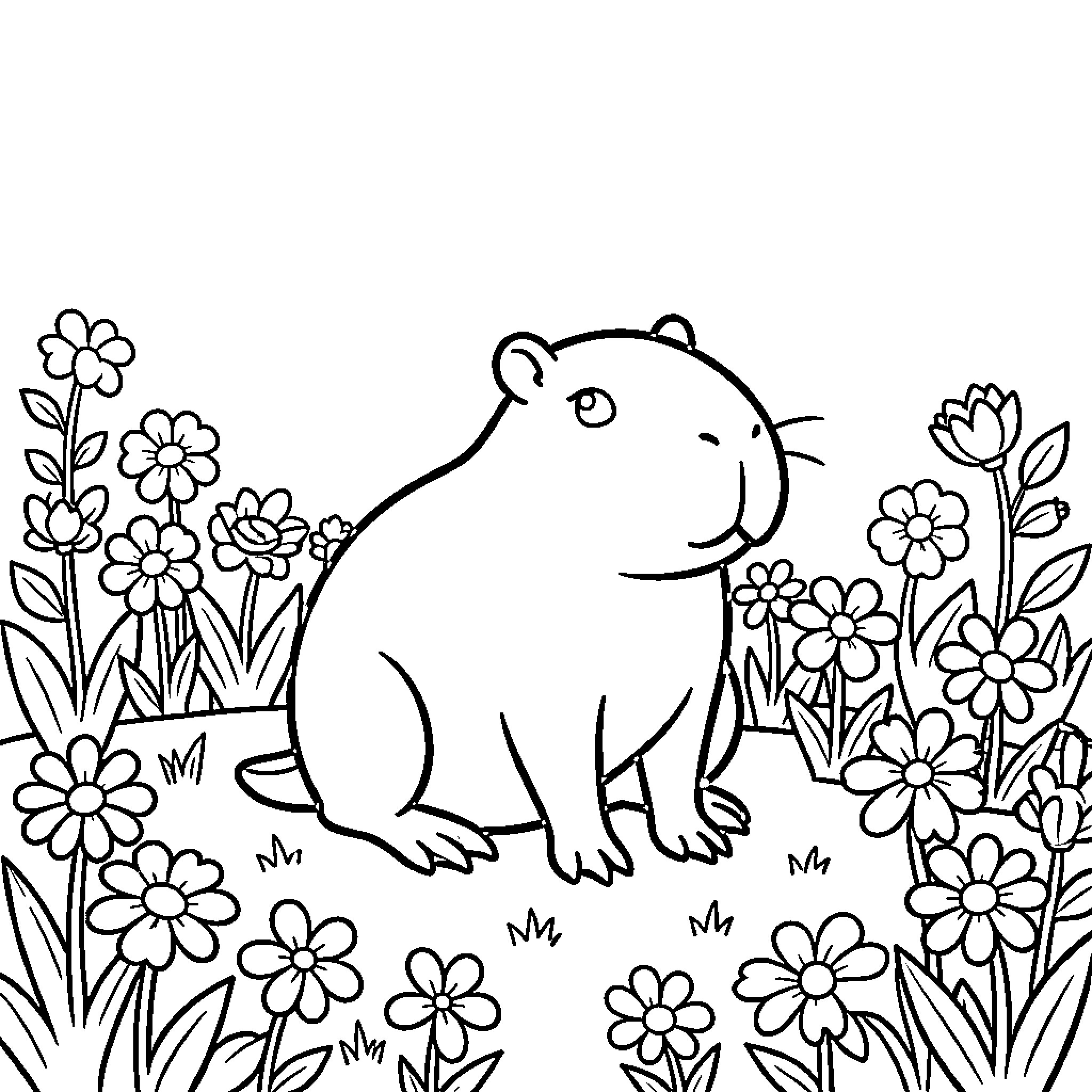 Capybara sitting peacefully amidst a field of flowers Coloring Page (free black-and-white line drawing printable PDF for all, from beginners to advanced learners, including children, teens, adults, and seniors)